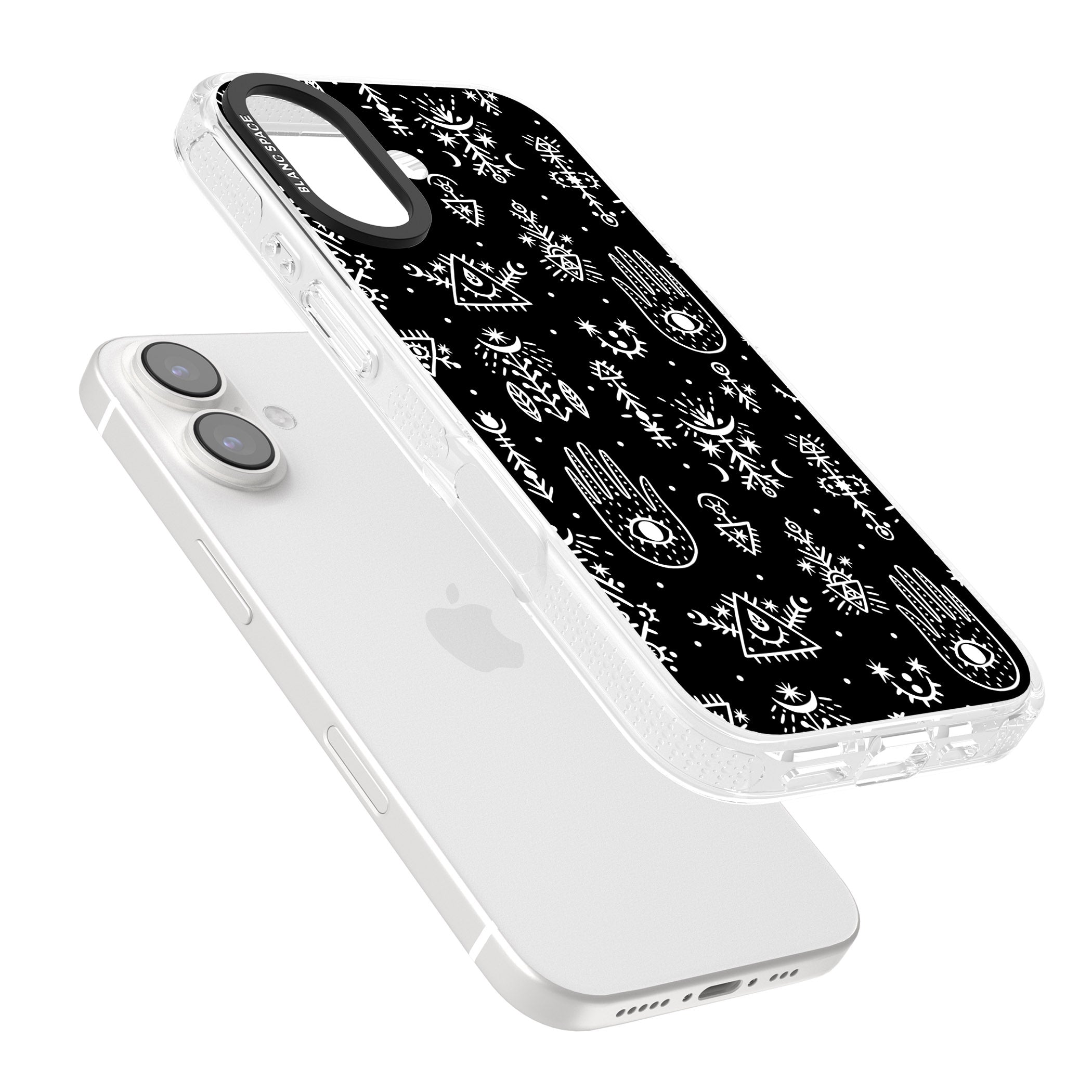 Tribal Palms - White on Black iPhone 16 / 16 Plus Clear Case Impact Air - Blanc Space