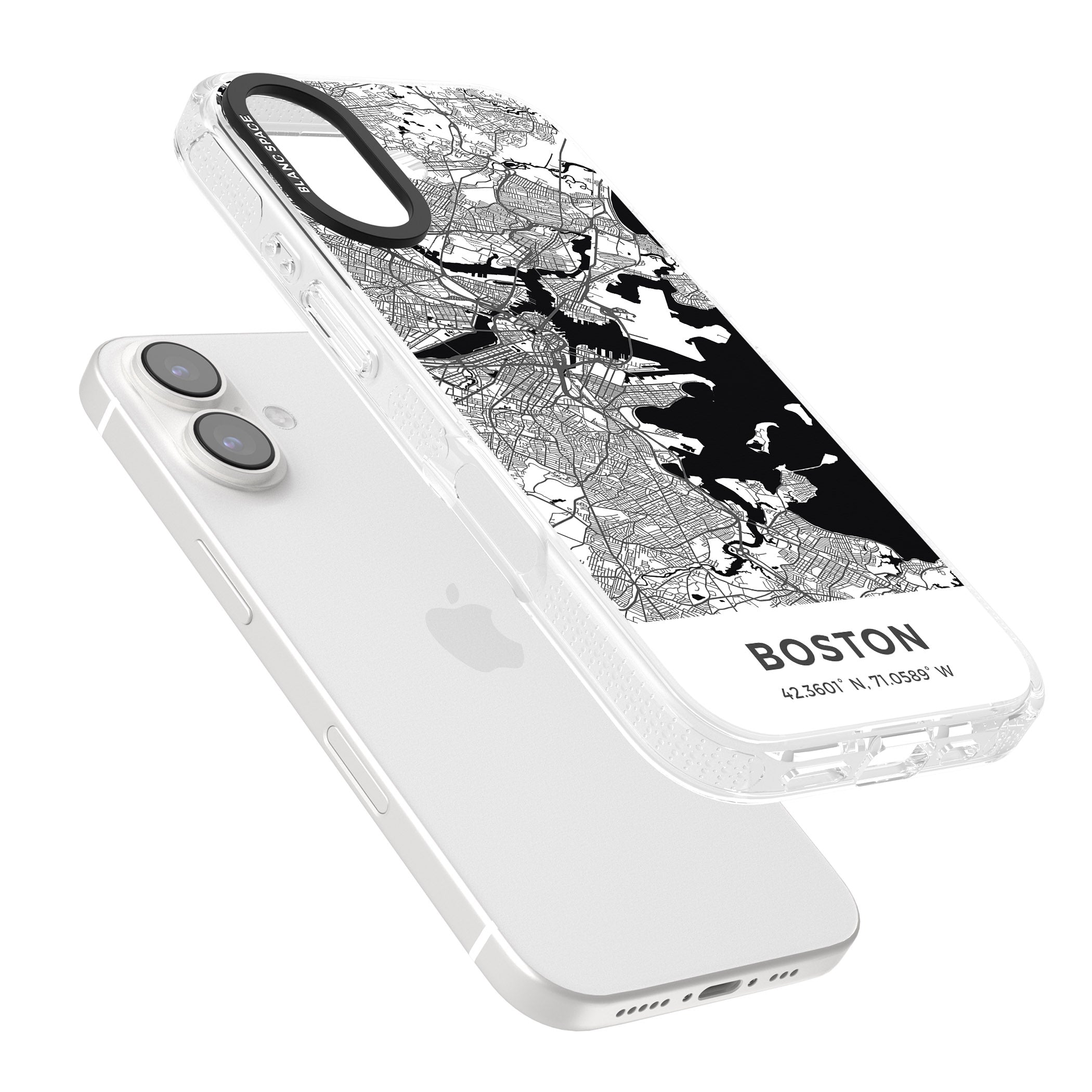 Map of Boston, Massachusetts iPhone 16 / 16 Plus Clear Case Impact Air - Blanc Space