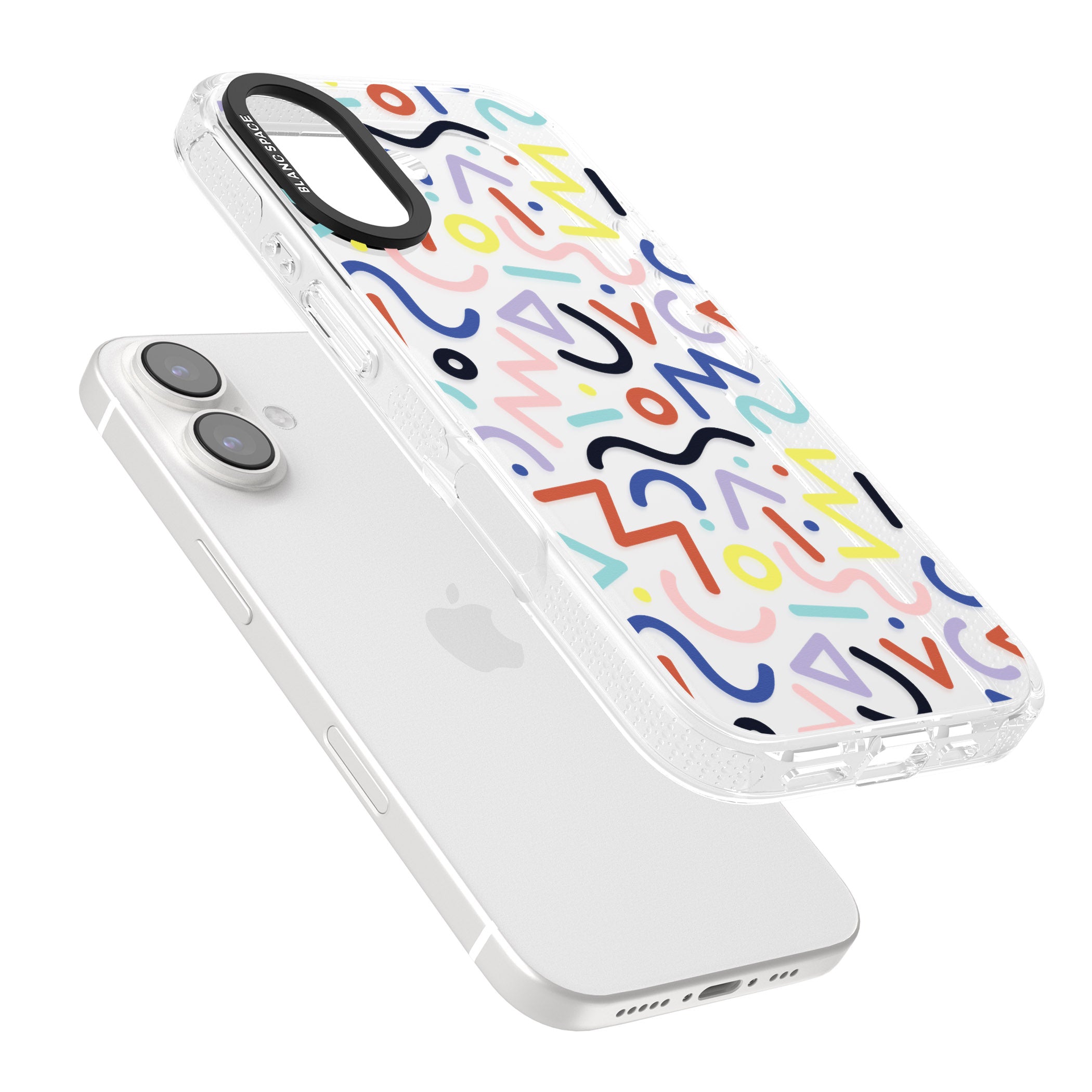 Colourful Squiggles Memphis Retro Pattern Design iPhone 16 / 16 Plus Clear Case Impact Air - Blanc Space