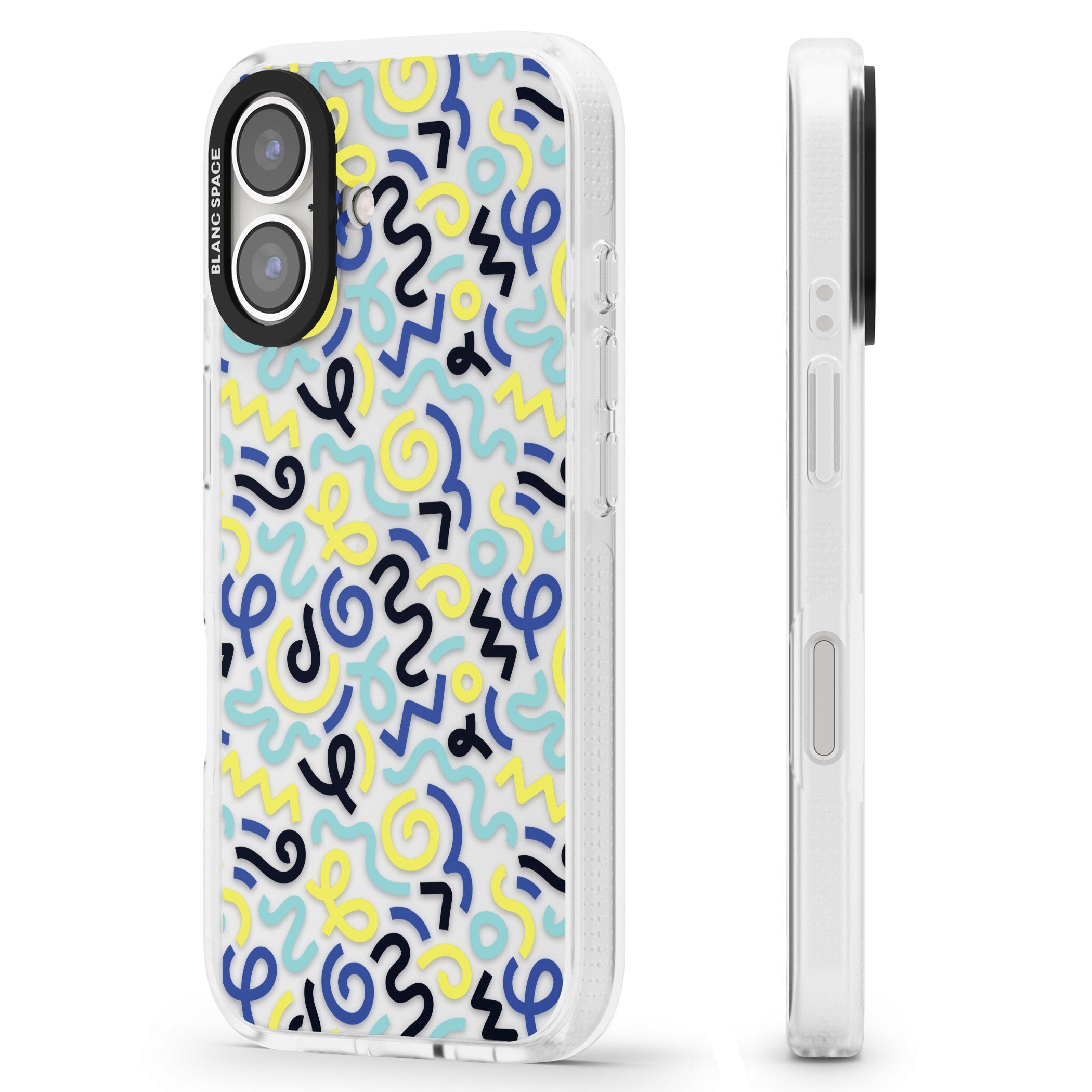 Blue & Yellow Shapes Memphis Retro Pattern Design iPhone 16 / 16 Plus Clear Case Impact Air - Blanc Space