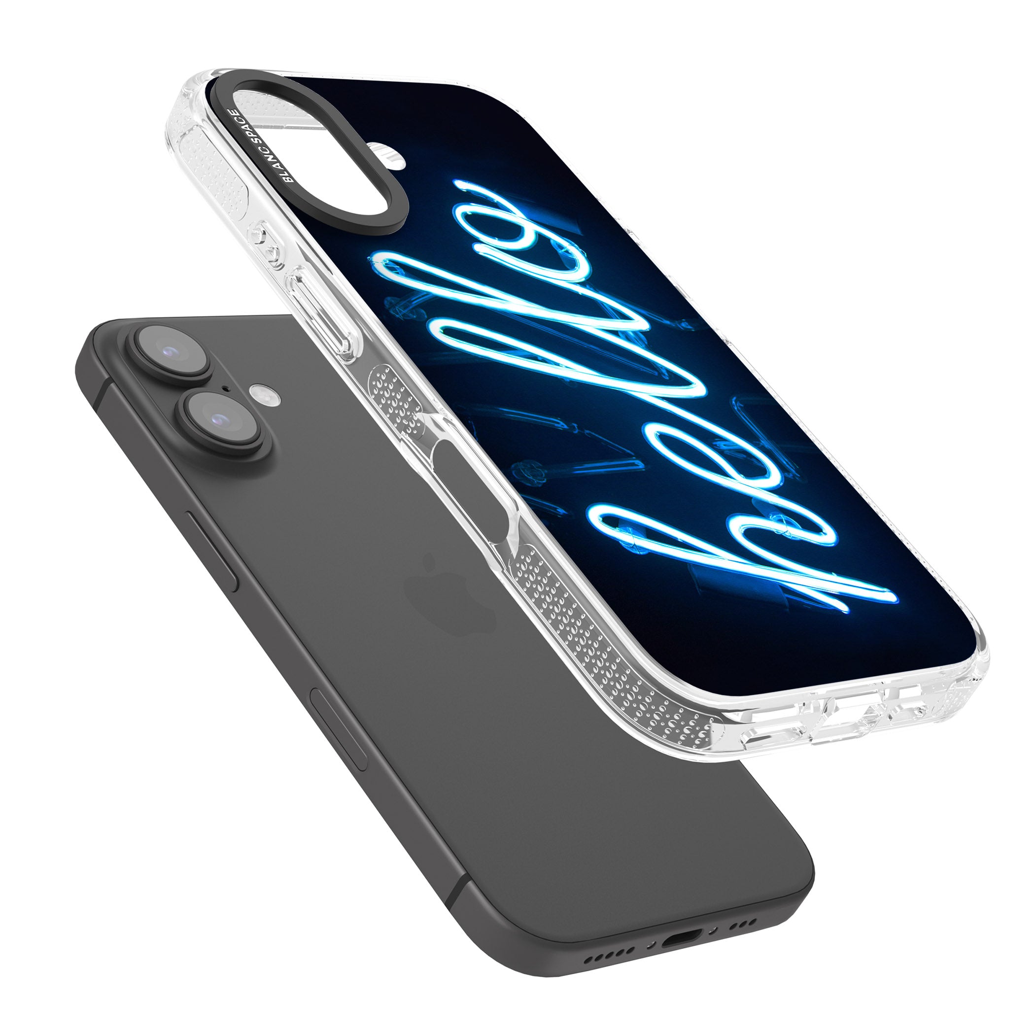 "Hello" Blue Cursive Neon Sign iPhone 16 / 16 Plus Clear Case Impact Air - Blanc Space
