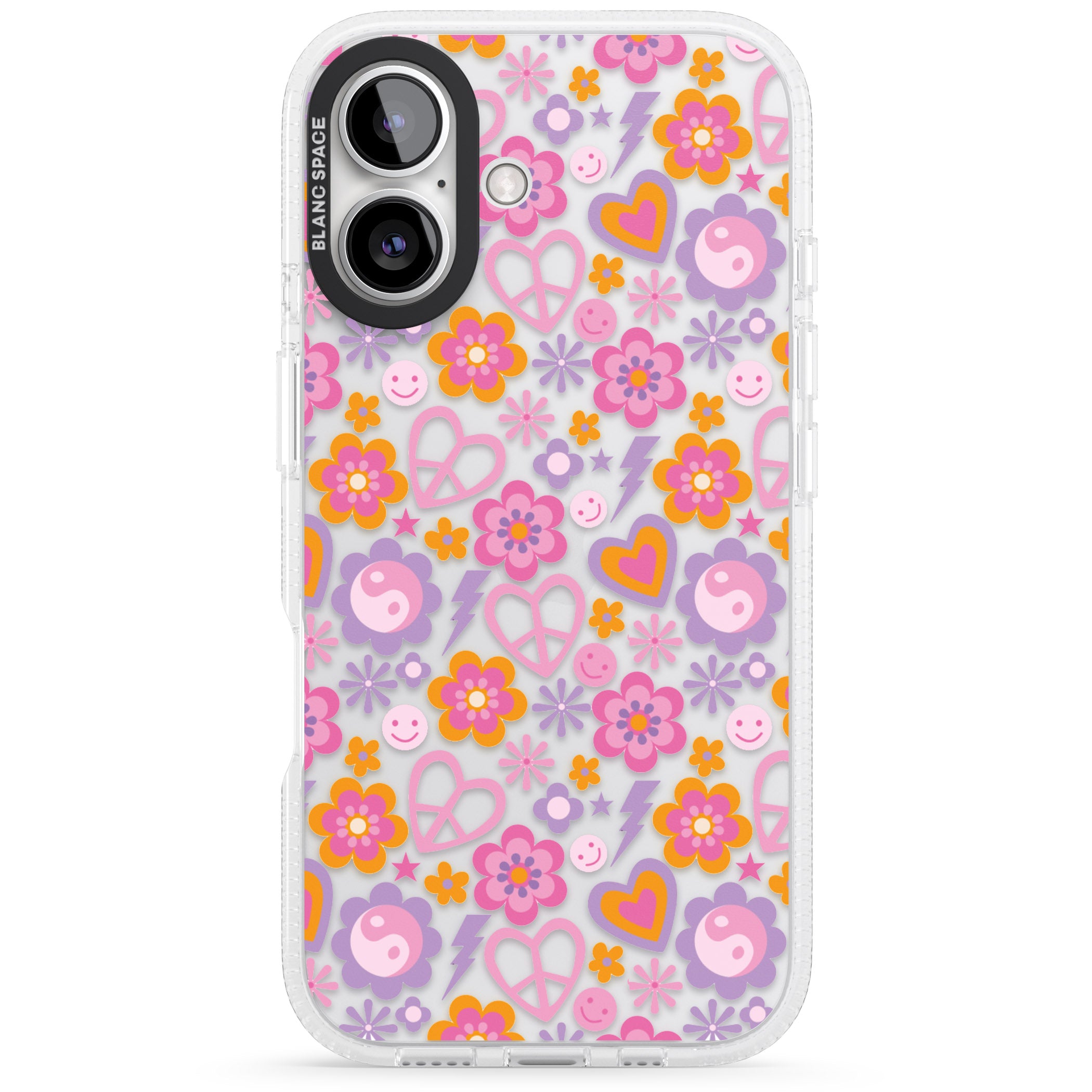 Peace, Love and Flowers Pattern iPhone 16 / 16 Plus Clear Case Impact Air - Blanc Space