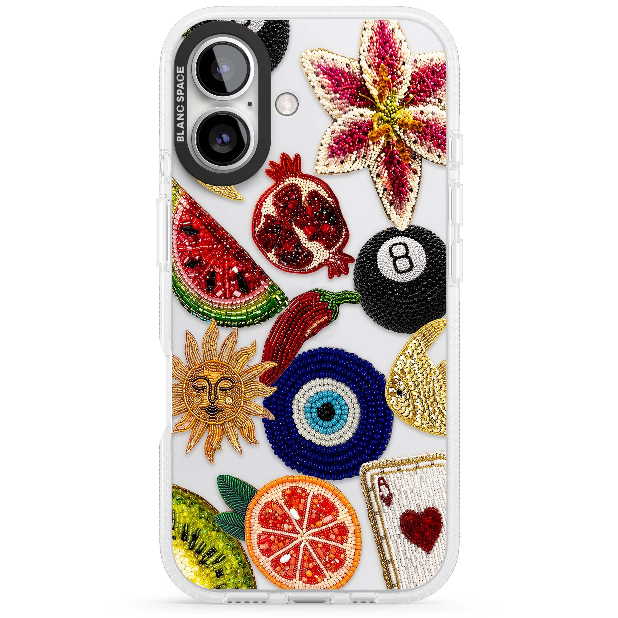 Beaded Charms embroidery iPhone case featuring beaded evil eye, fruit patches and a golden sun motif | Clear Case Impact Air case for iPhone 16, iPhone 16 Plus