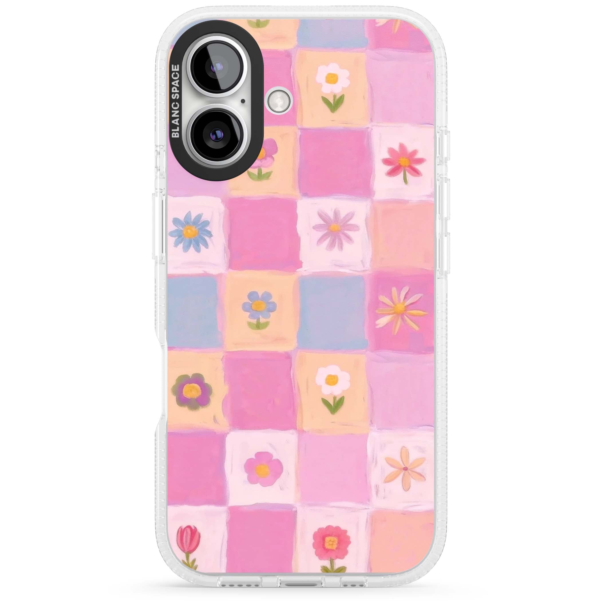 Pastel Flower Patchwork cottagecore iPhone case featuring painted pink and lilac squares with daisies and wildflowers | Clear Case Impact Air case for iPhone 16, iPhone 16 Plus
