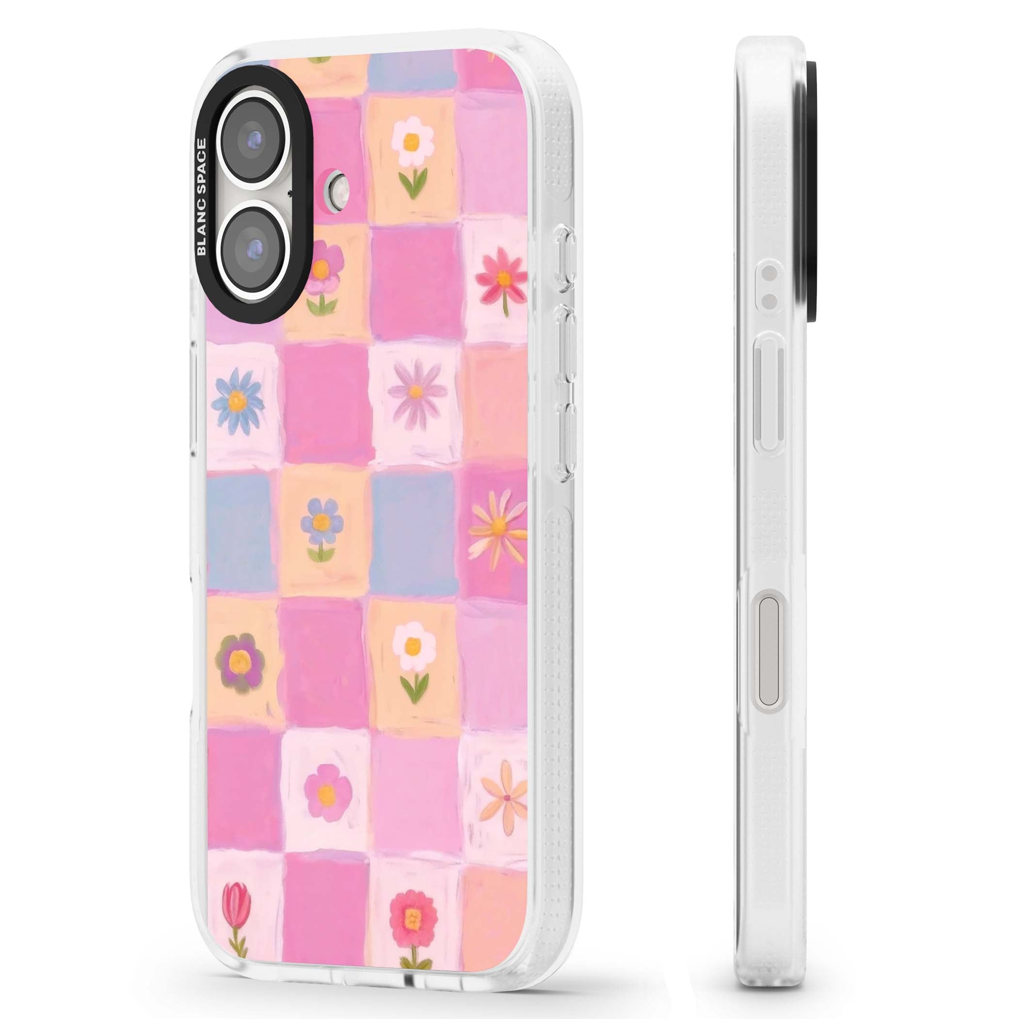 Pastel Flower Patchwork cottagecore iPhone case featuring painted pink and lilac squares with daisies and wildflowers | Clear Case Impact Air case for iPhone 16, iPhone 16 Plus