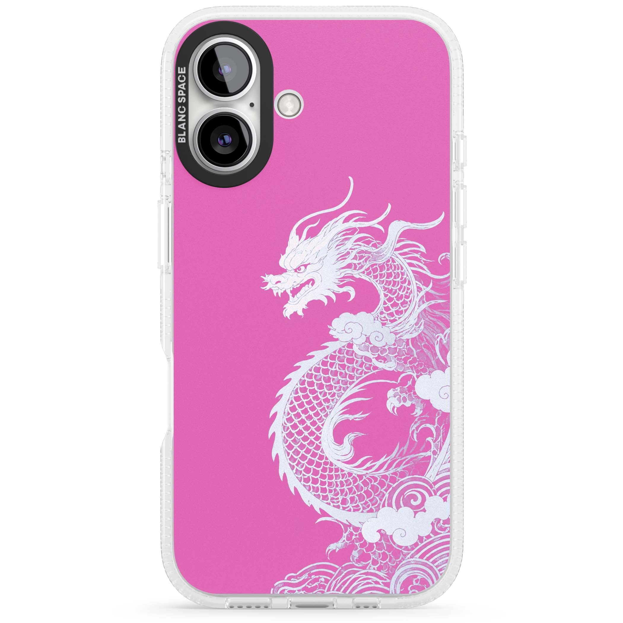 Pink Empress chinese dragon iPhone case featuring a white dragon, swirling clouds and pink dragon wallpaper backdrop | Clear Case Impact Air case for iPhone 16, iPhone 16 Plus