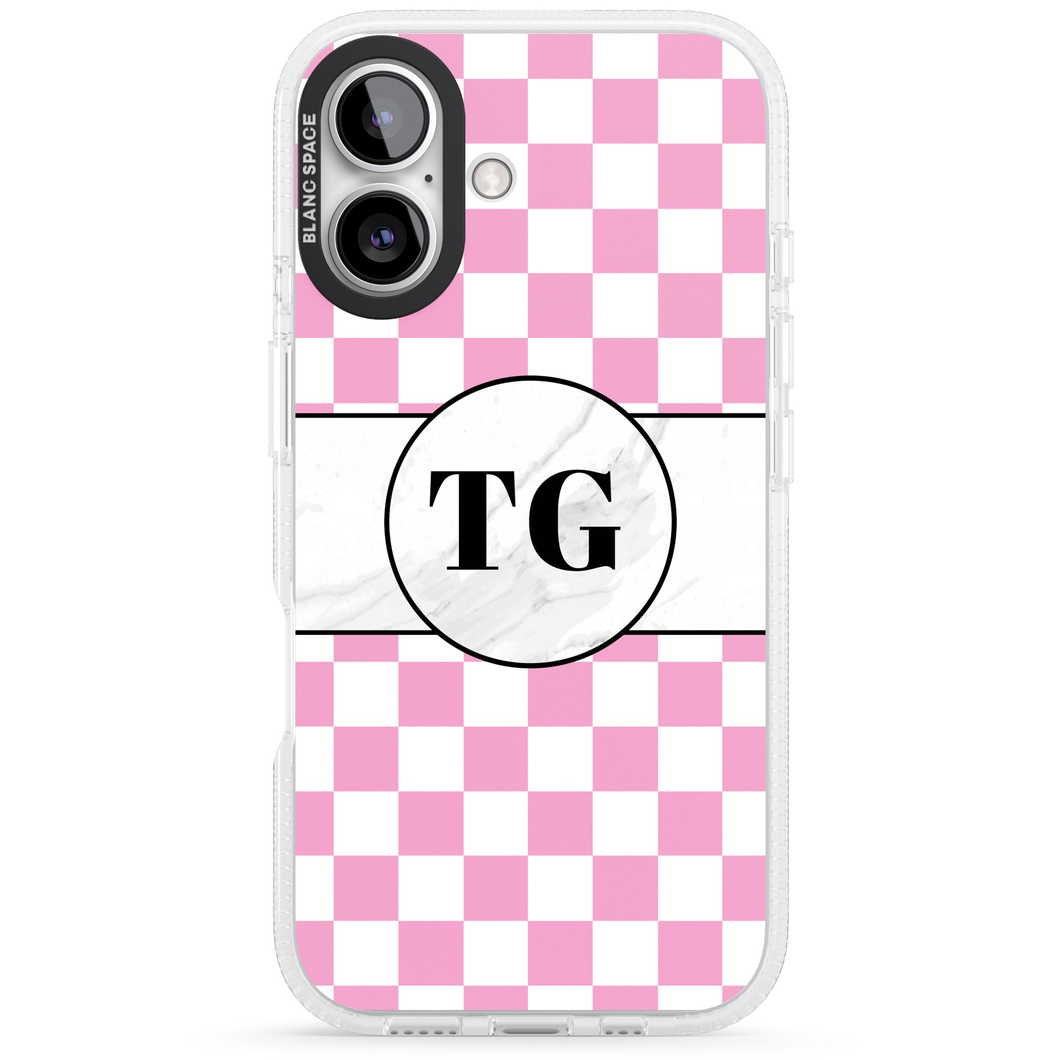 Personalised Monogrammed Pink Check iPhone 16 / 16 Plus Clear Case Impact Air - Blanc Space