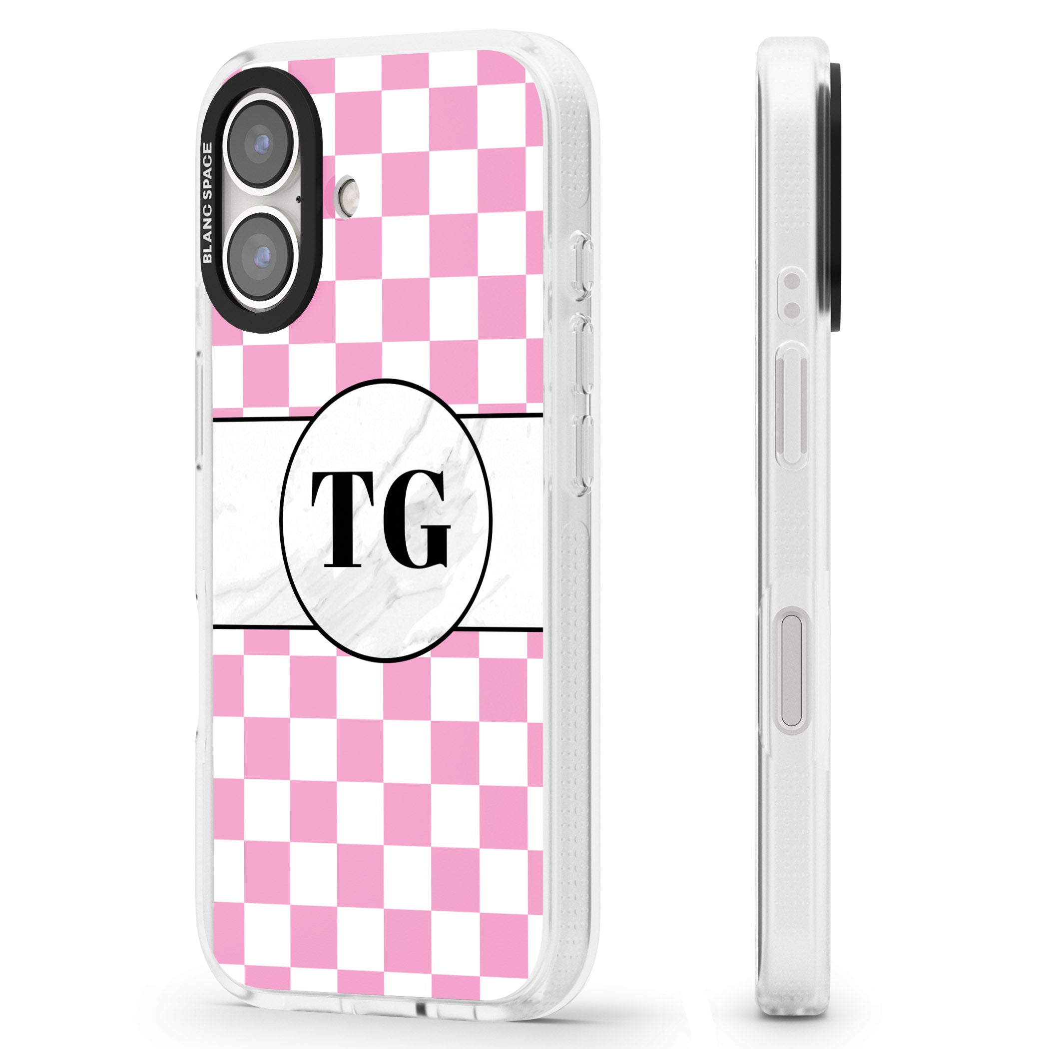 Personalised Monogrammed Pink Check iPhone 16 / 16 Plus Clear Case Impact Air - Blanc Space