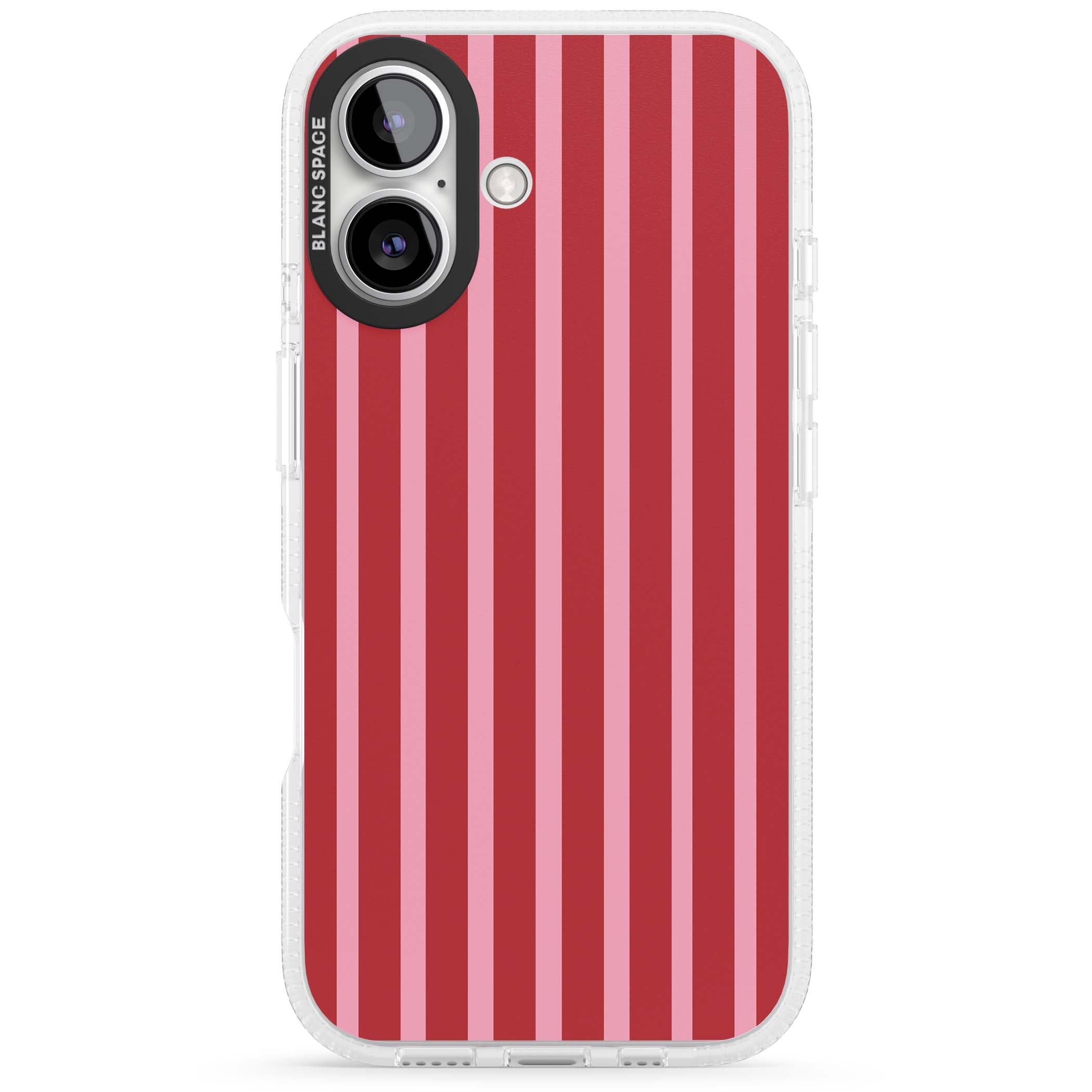 Raspberry Stripe coquette iPhone case featuring red and pink vertical stripes in a candy-inspired pattern | Clear Case Impact Air case for iPhone 16, iPhone 16 Plus