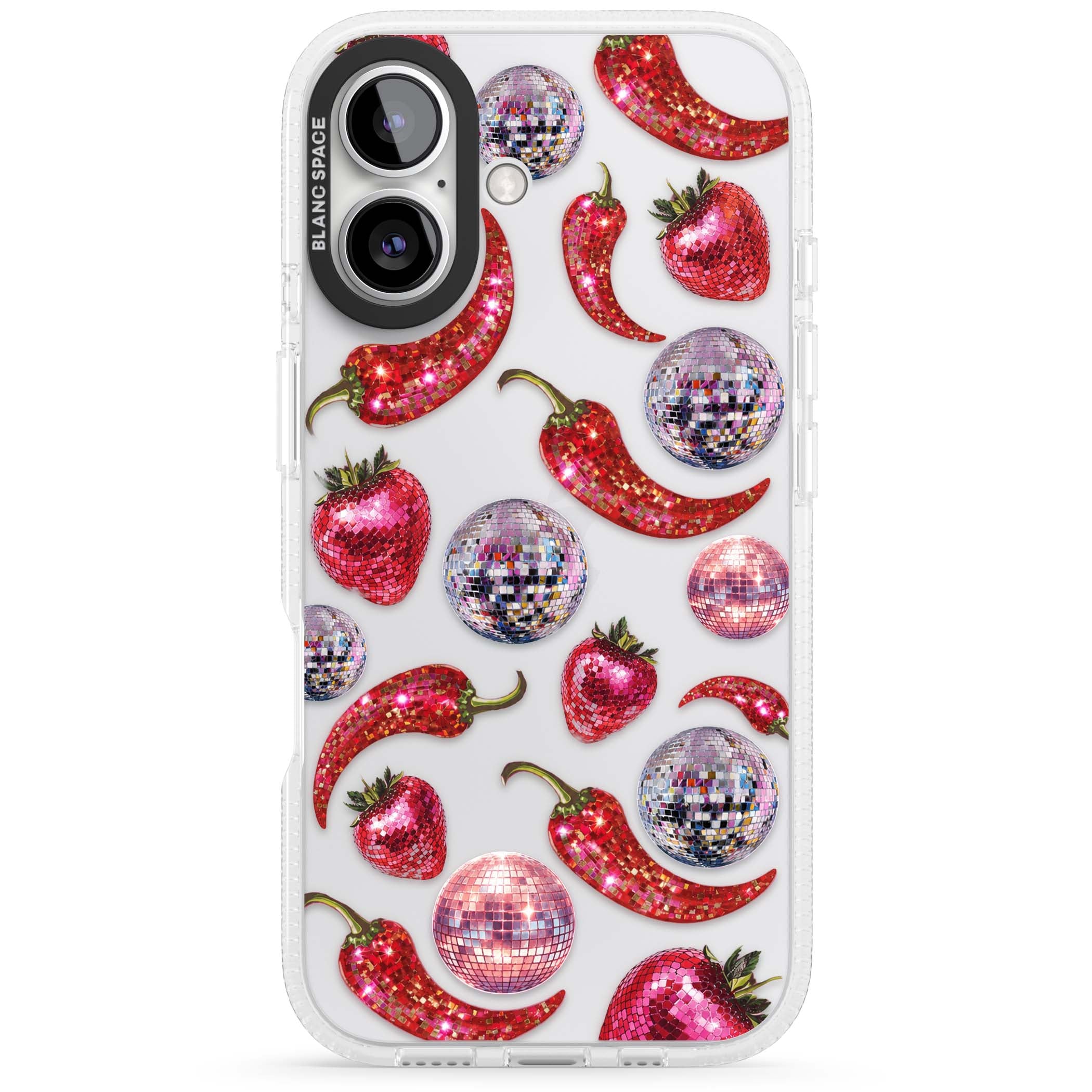 Spicy Disco Y2K iPhone case featuring glitter disco balls, sparkly strawberries and red chilli peppers | Clear Case Impact Air case for iPhone 16, iPhone 16 Plus