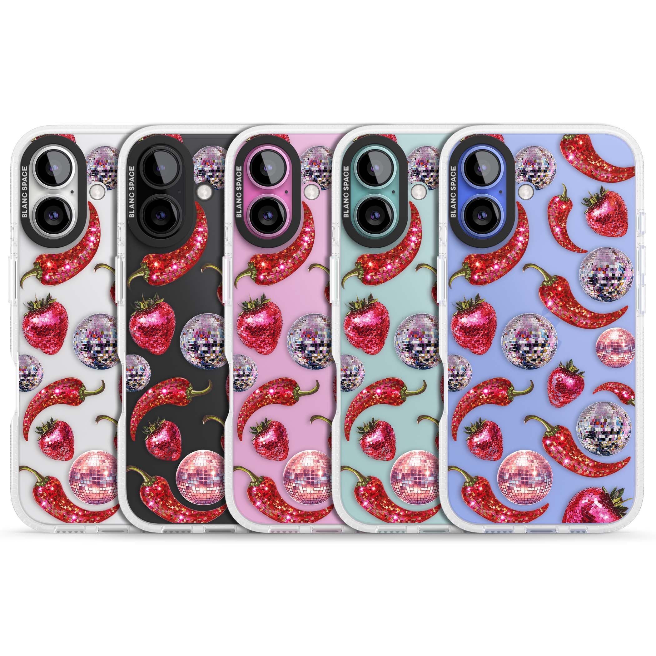 Spicy Disco Y2K iPhone case featuring glitter disco balls, sparkly strawberries and red chilli peppers | Clear Case Impact Air case for iPhone 16, iPhone 16 Plus