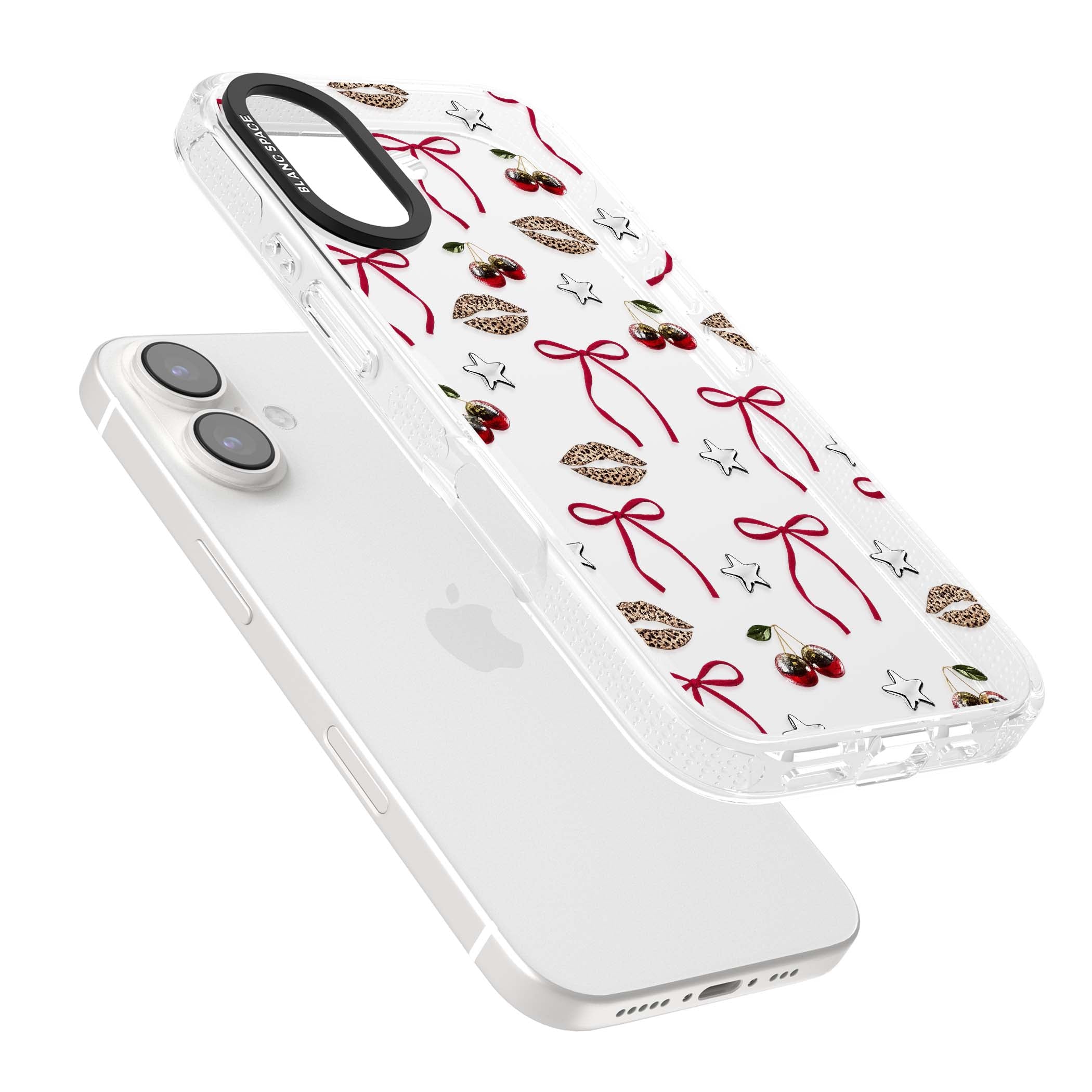 Starlet coquette iPhone case featuring red ribbon bows, disco cherries and leopard-print lips | Clear Case Impact Air case for iPhone 16, iPhone 16 Plus