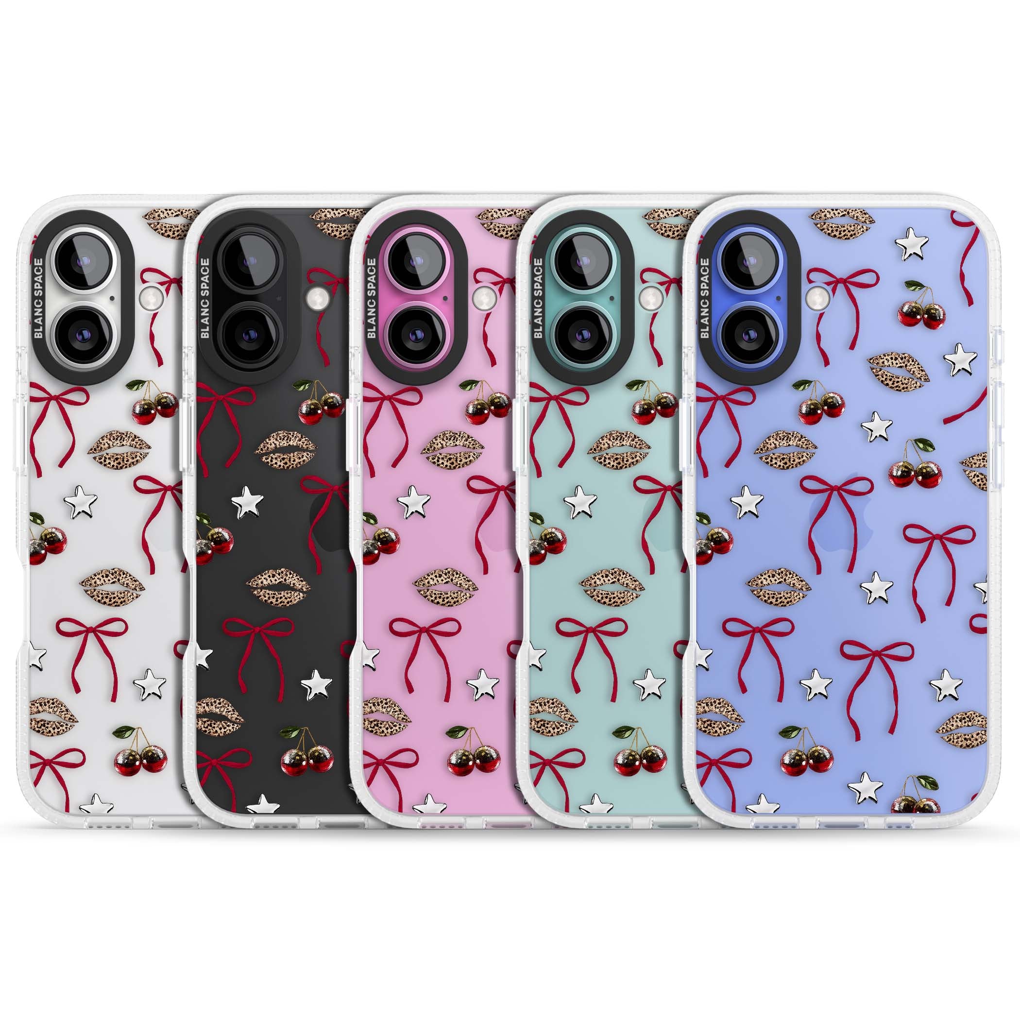 Starlet coquette iPhone case featuring red ribbon bows, disco cherries and leopard-print lips | Clear Case Impact Air case for iPhone 16, iPhone 16 Plus