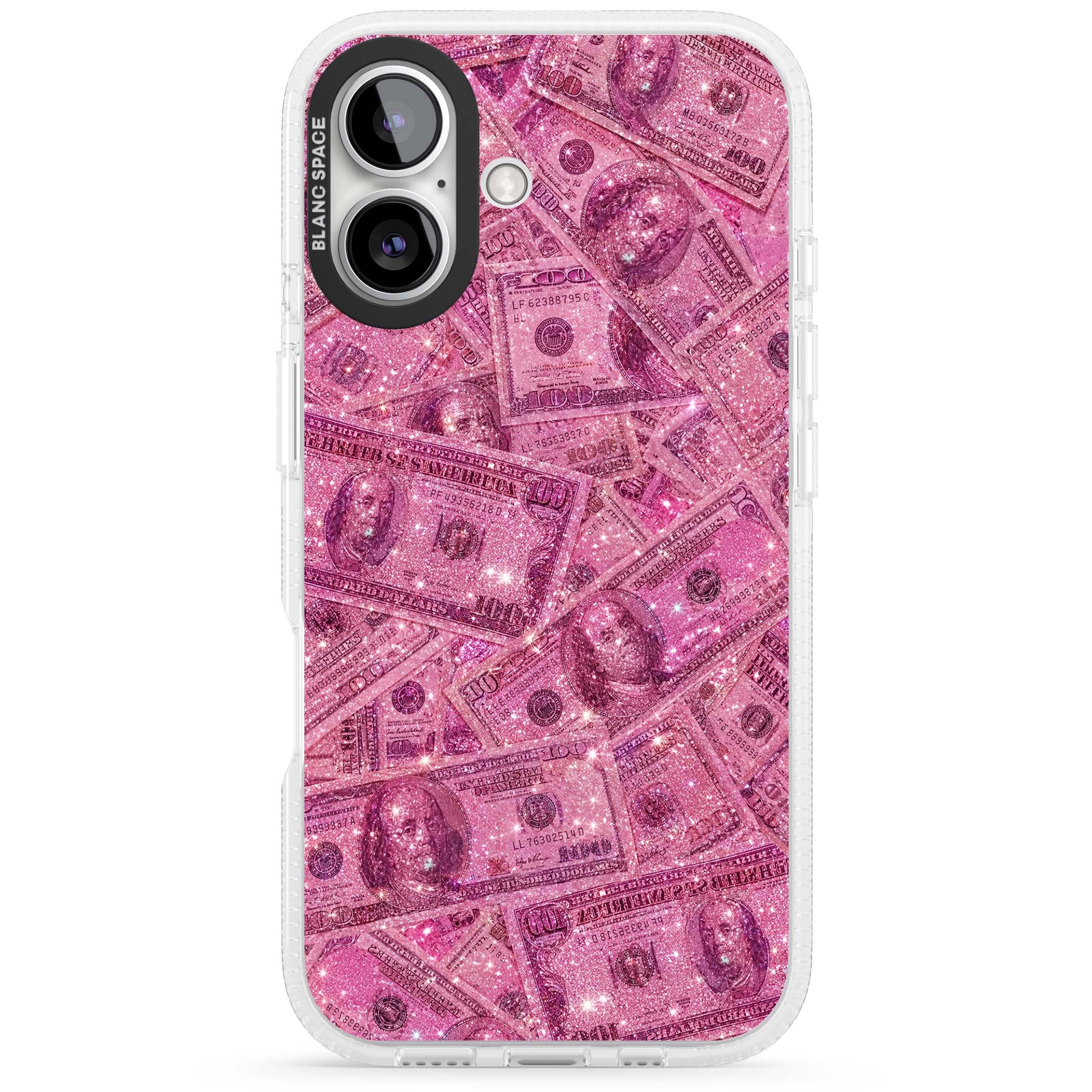 Glamorous baddie iPhone case featuring pink glitter hundred dollar bills and sparkling money wallpaper design | Clear Case Impact Air case for iPhone 16, iPhone 16 Plus