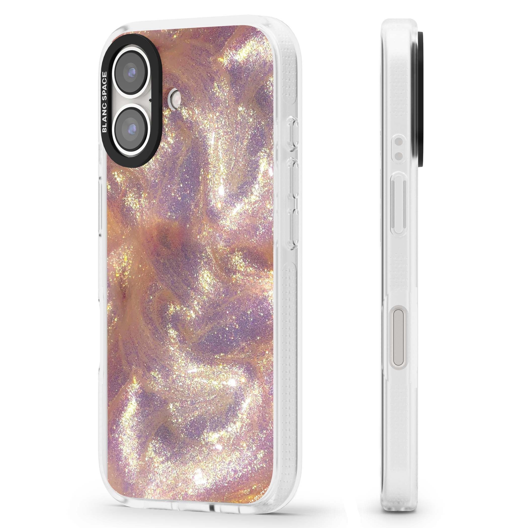 Shimmer marble iPhone case featuring rose gold glitter swirls, lilac shimmer and iridescent pearl finish | Clear Case Impact Air case for iPhone 16, iPhone 16 Plus