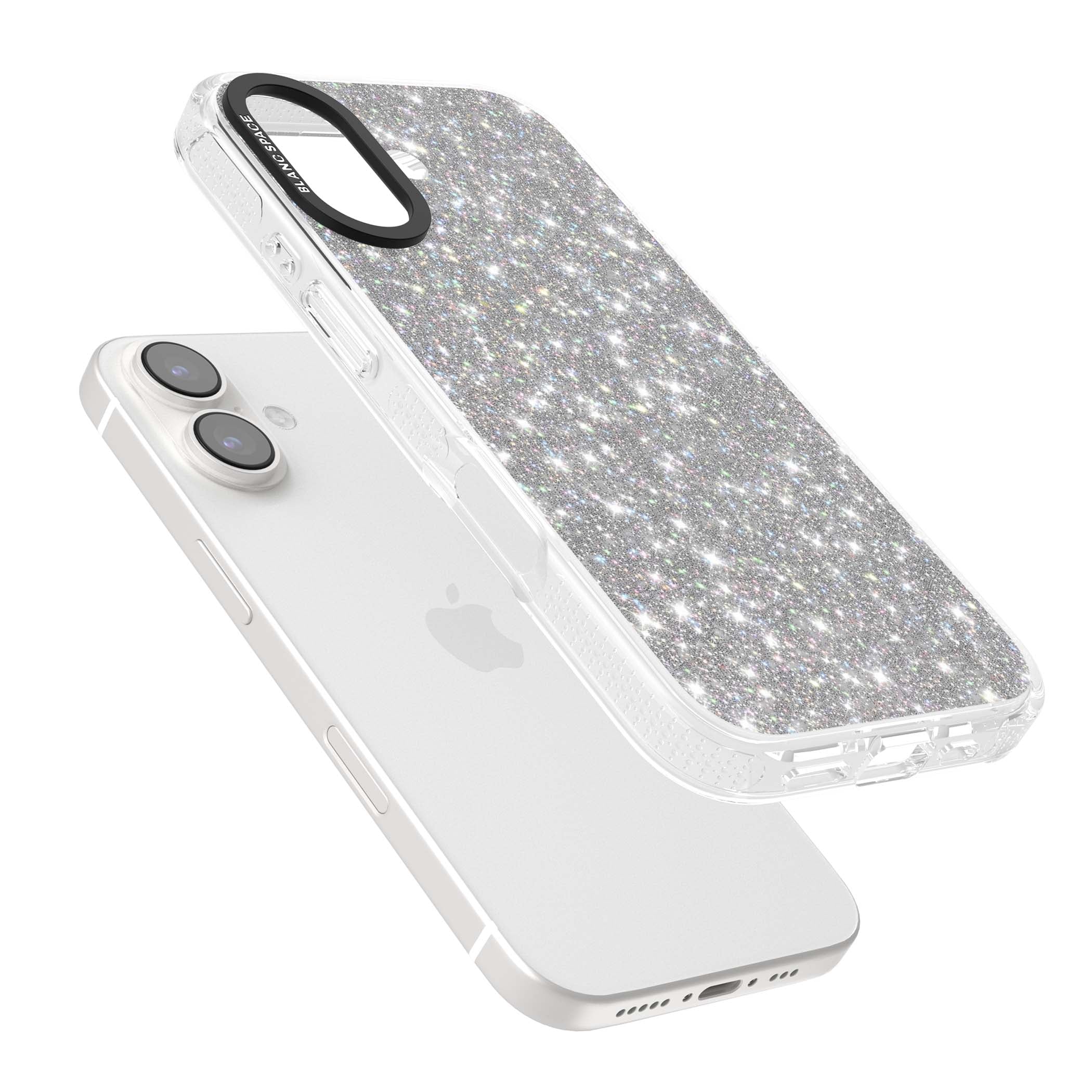 Diamond glam iPhone case featuring silver glitter sparkle and shimmering diamond dust effect | Clear Case Impact Air case for iPhone 16, iPhone 16 Plus
