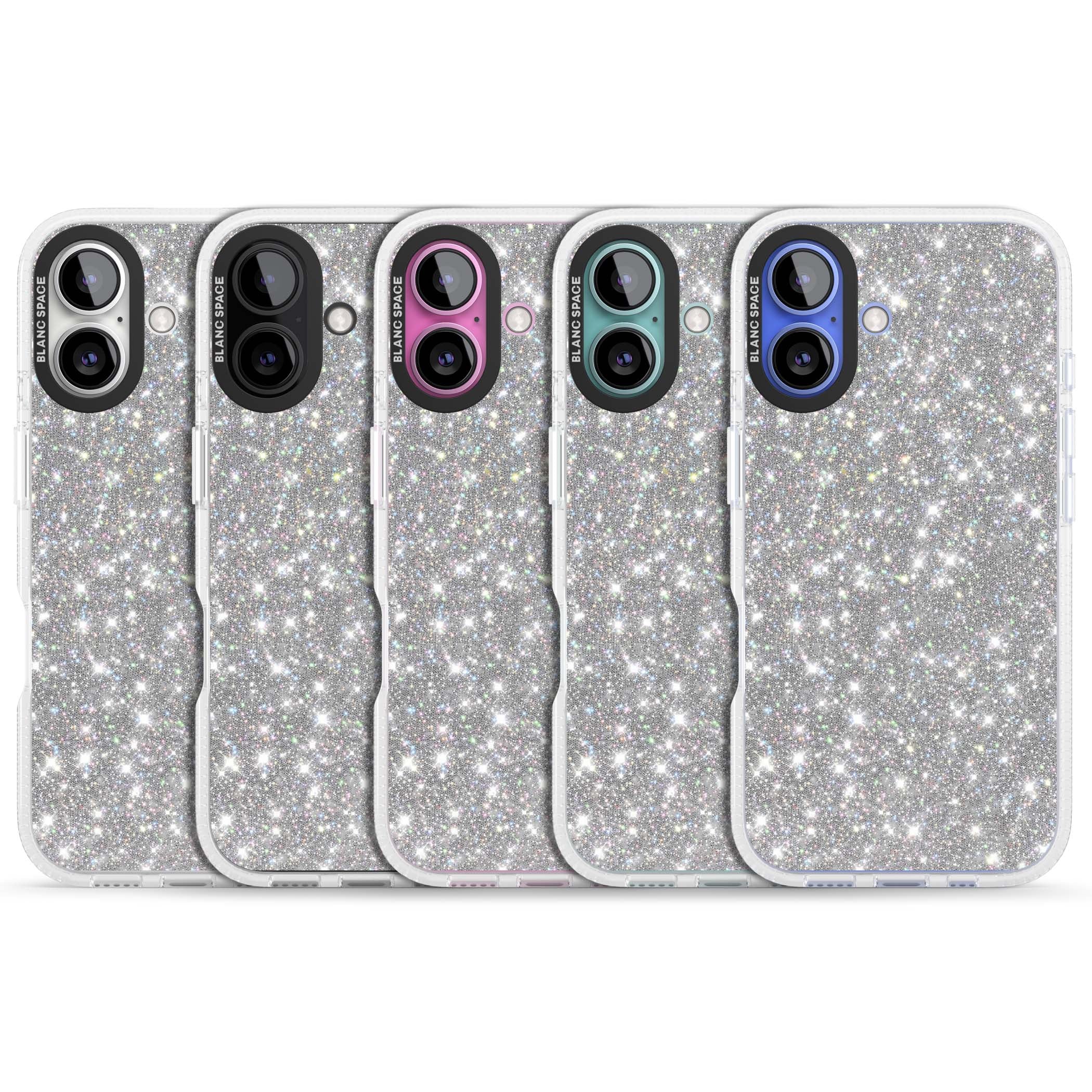 Diamond glam iPhone case featuring silver glitter sparkle and shimmering diamond dust effect | Clear Case Impact Air case for iPhone 16, iPhone 16 Plus