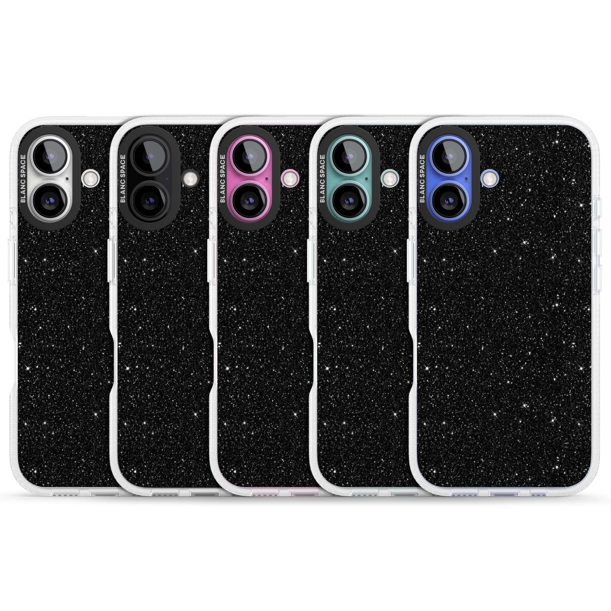 Black Glitter black glitter iPhone case featuring an all-over sparkly shimmer pattern on a jet black base | Clear Case Impact Air case for iPhone 16, iPhone 16 Plus