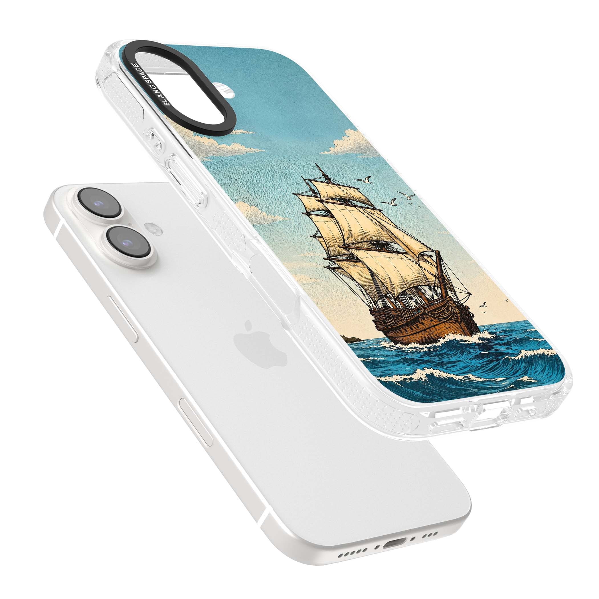 Ship at Sea nautical iPhone case featuring a vintage tall ship, ocean waves and seagulls | Clear Case Impact Air case for iPhone 16, iPhone 16 Plus