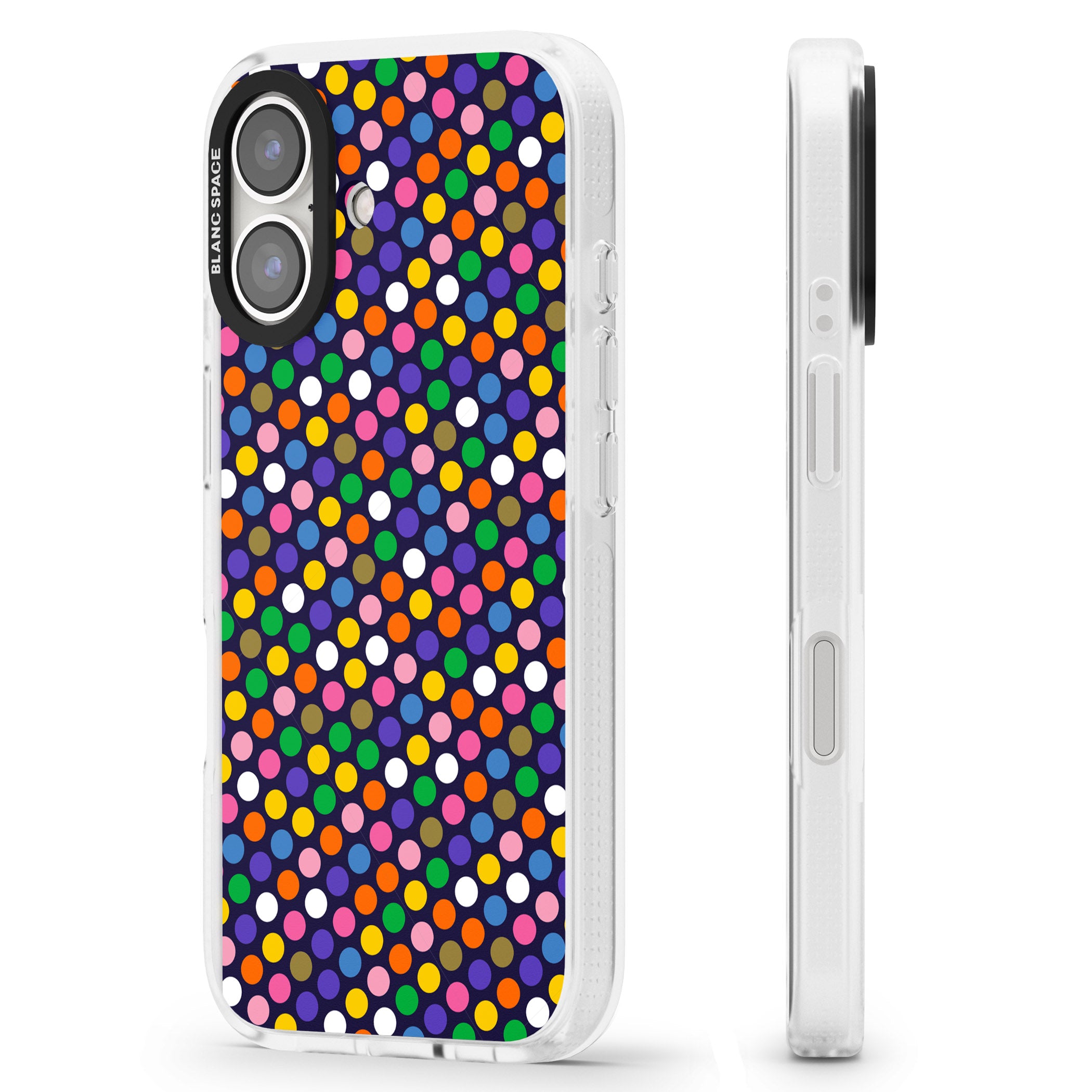 Multicolour Polka-dot Fiesta (Purple) iPhone 16 / 16 Plus Clear Case Impact Air - Blanc Space