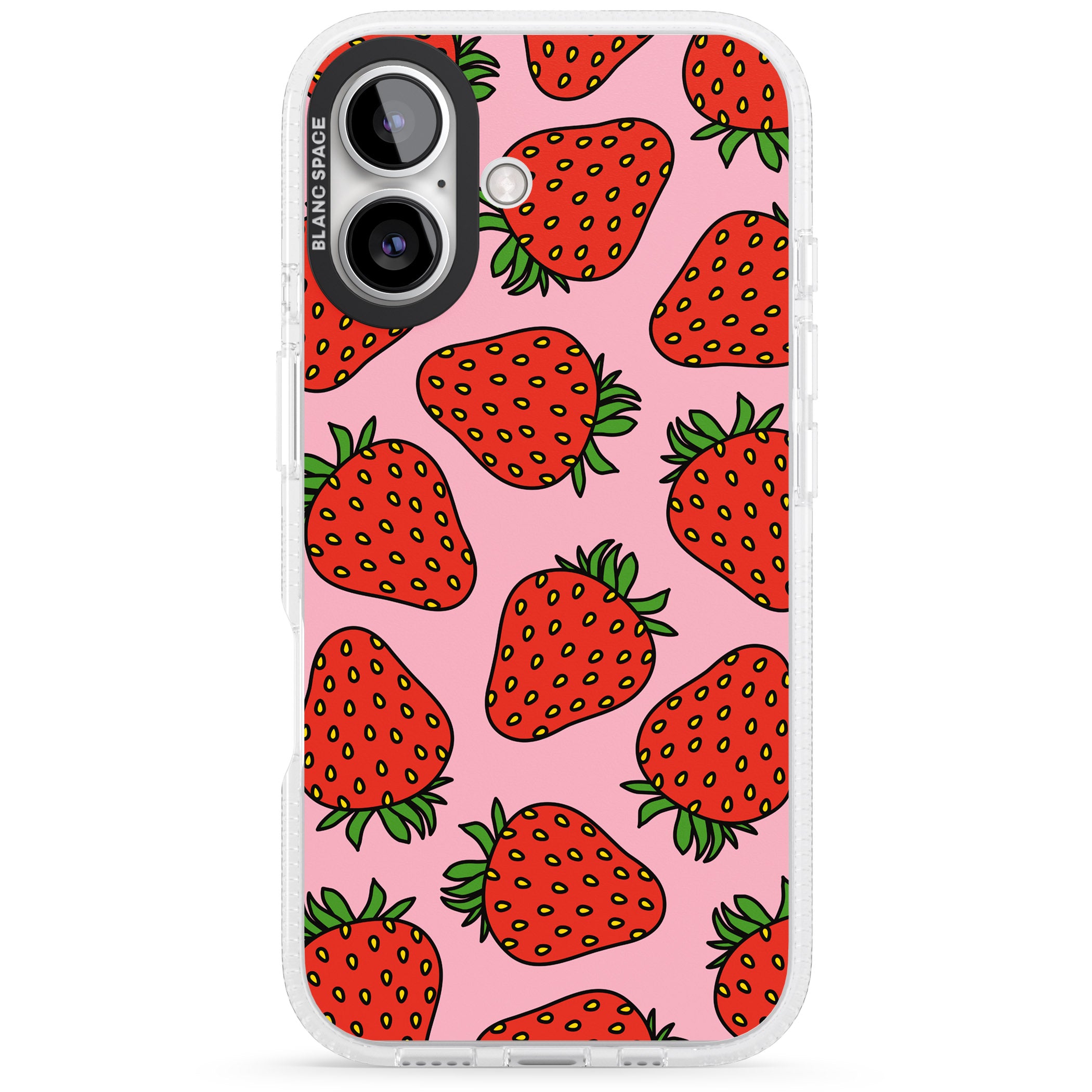 Strawberry Pattern (Pink) iPhone 16 / 16 Plus Clear Case Impact Air - Blanc Space