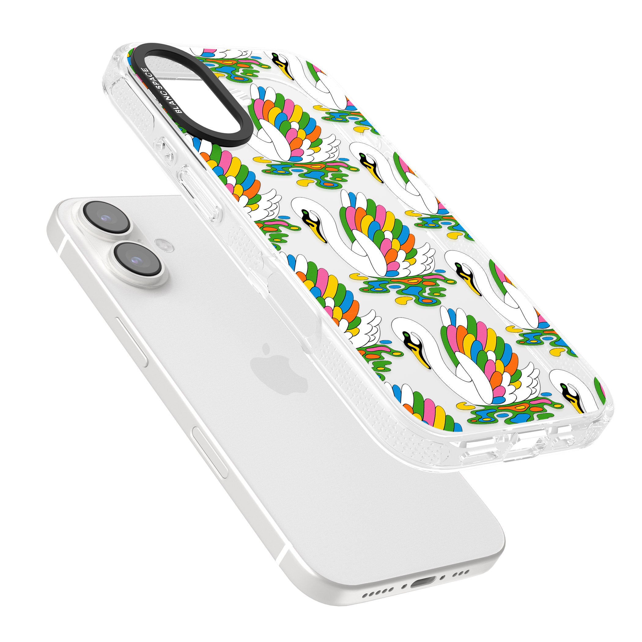 Colourful Swan Pattern iPhone 16 / 16 Plus Clear Case Impact Air - Blanc Space