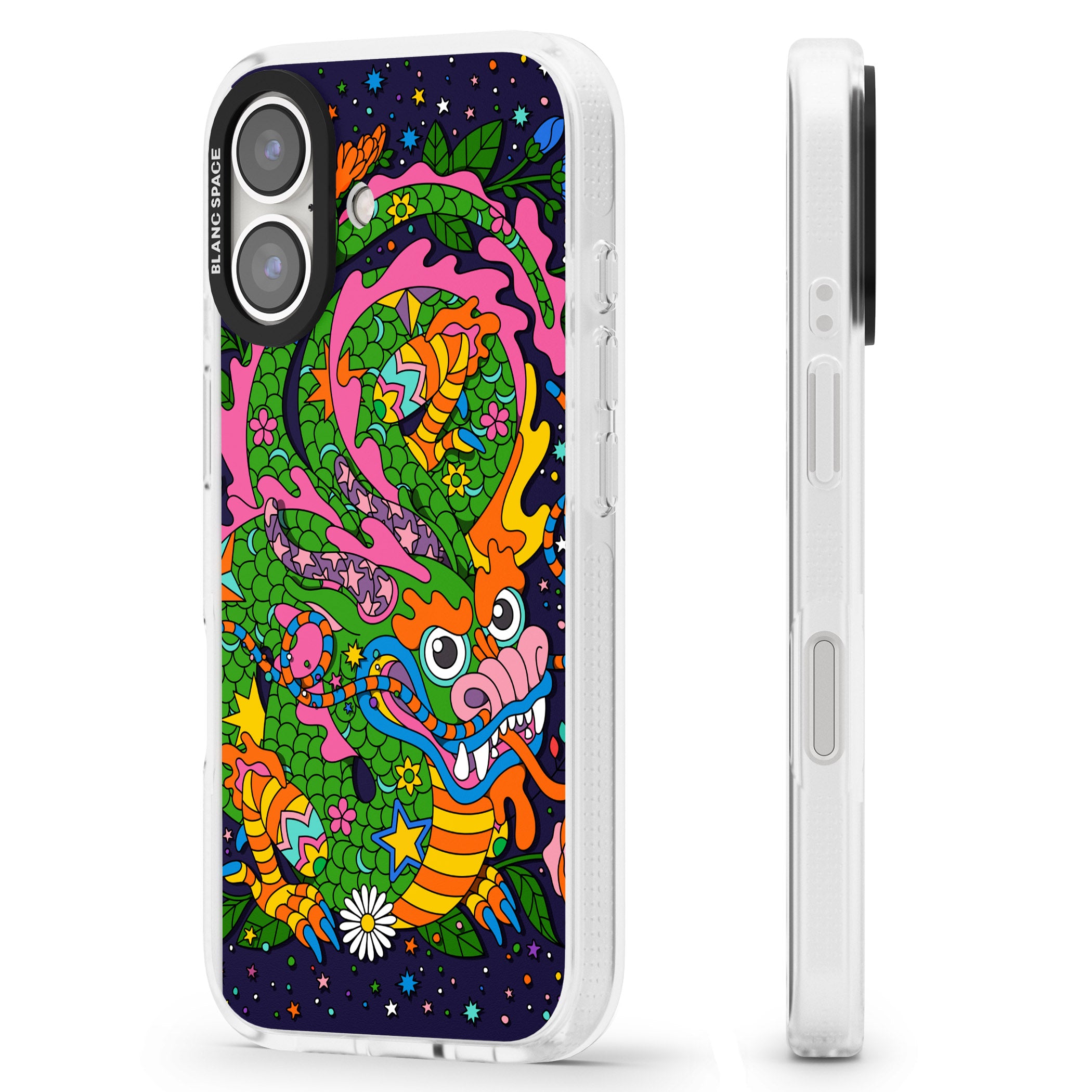 Psychedelic Jungle Dragon (Purple) iPhone 16 / 16 Plus Clear Case Impact Air - Blanc Space