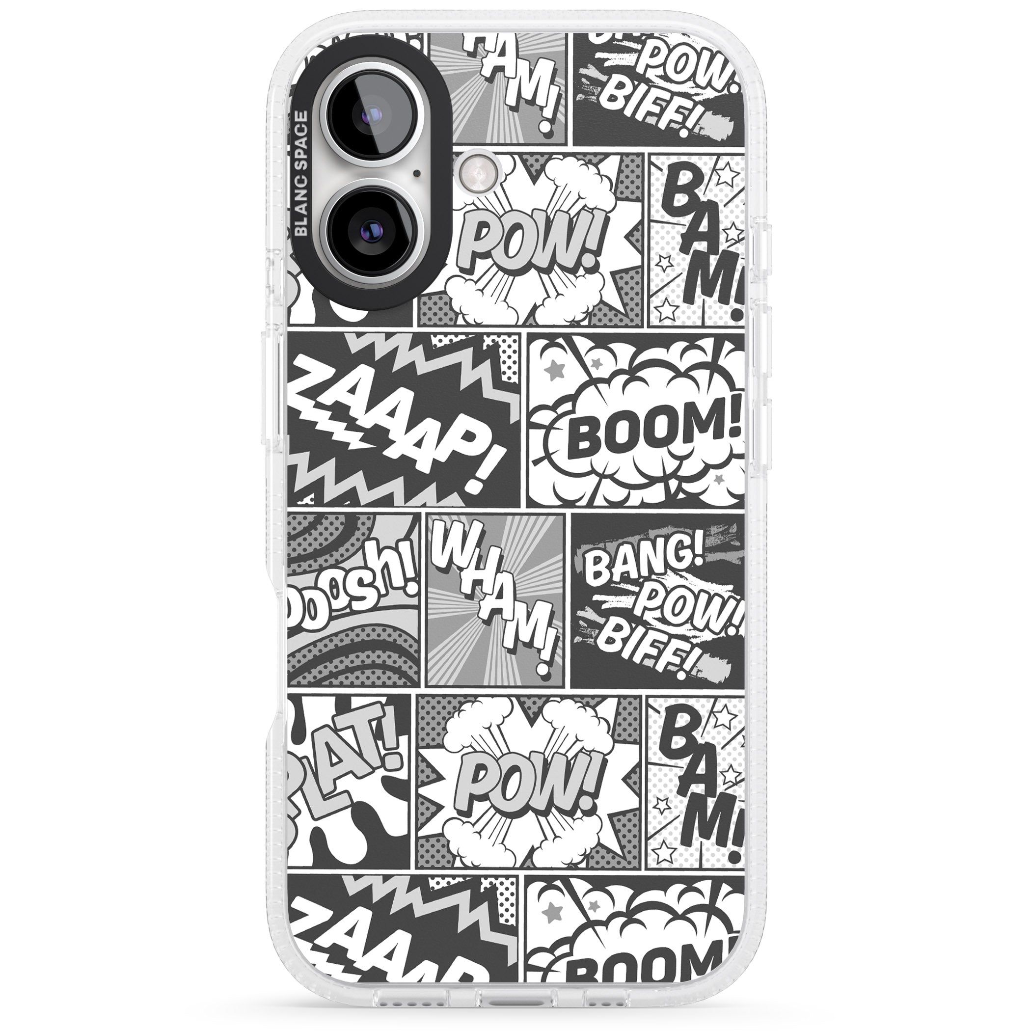 Onomatopoeia (Black & White) iPhone 16 / 16 Plus Clear Case Impact Air - Blanc Space