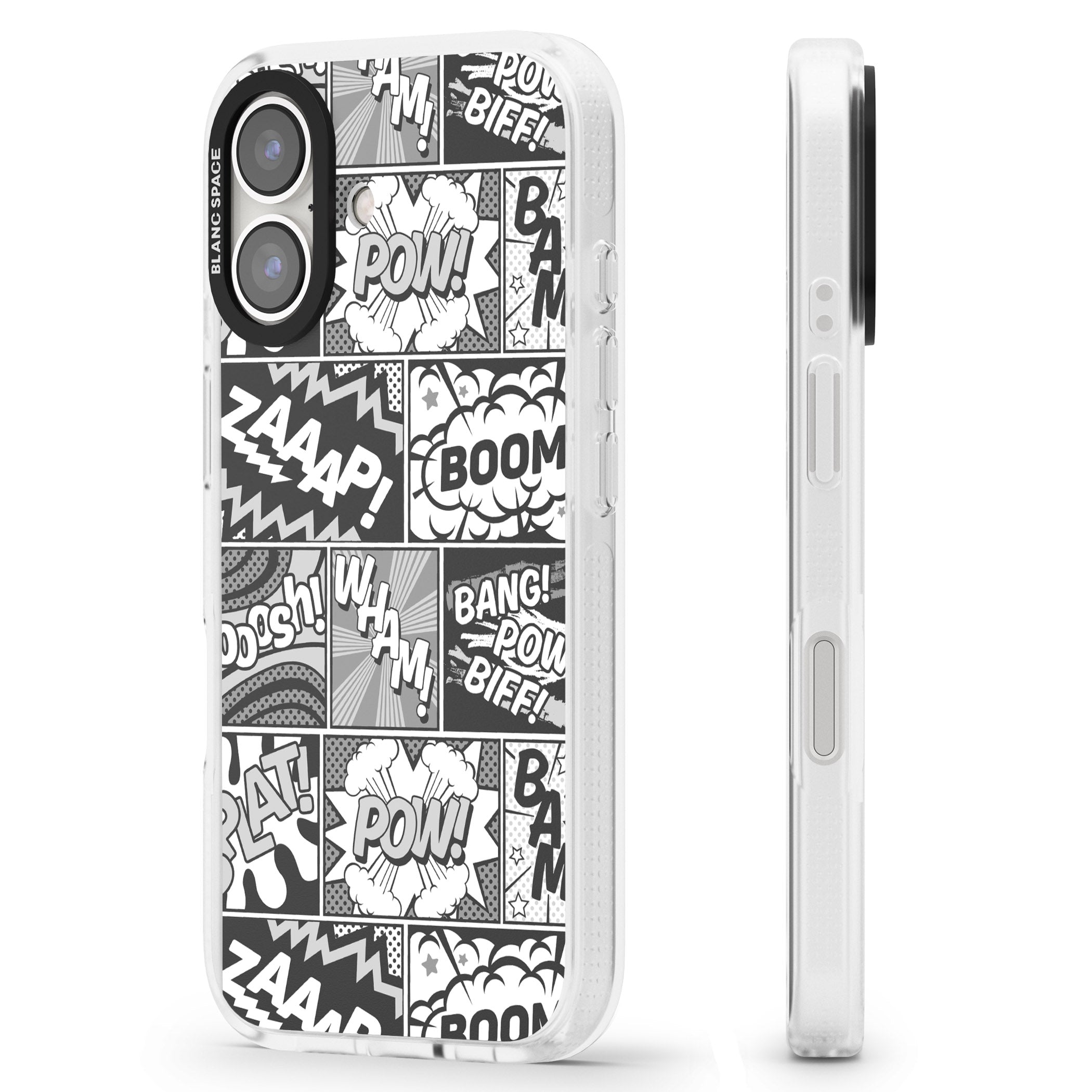 Onomatopoeia (Black & White) iPhone 16 / 16 Plus Clear Case Impact Air - Blanc Space
