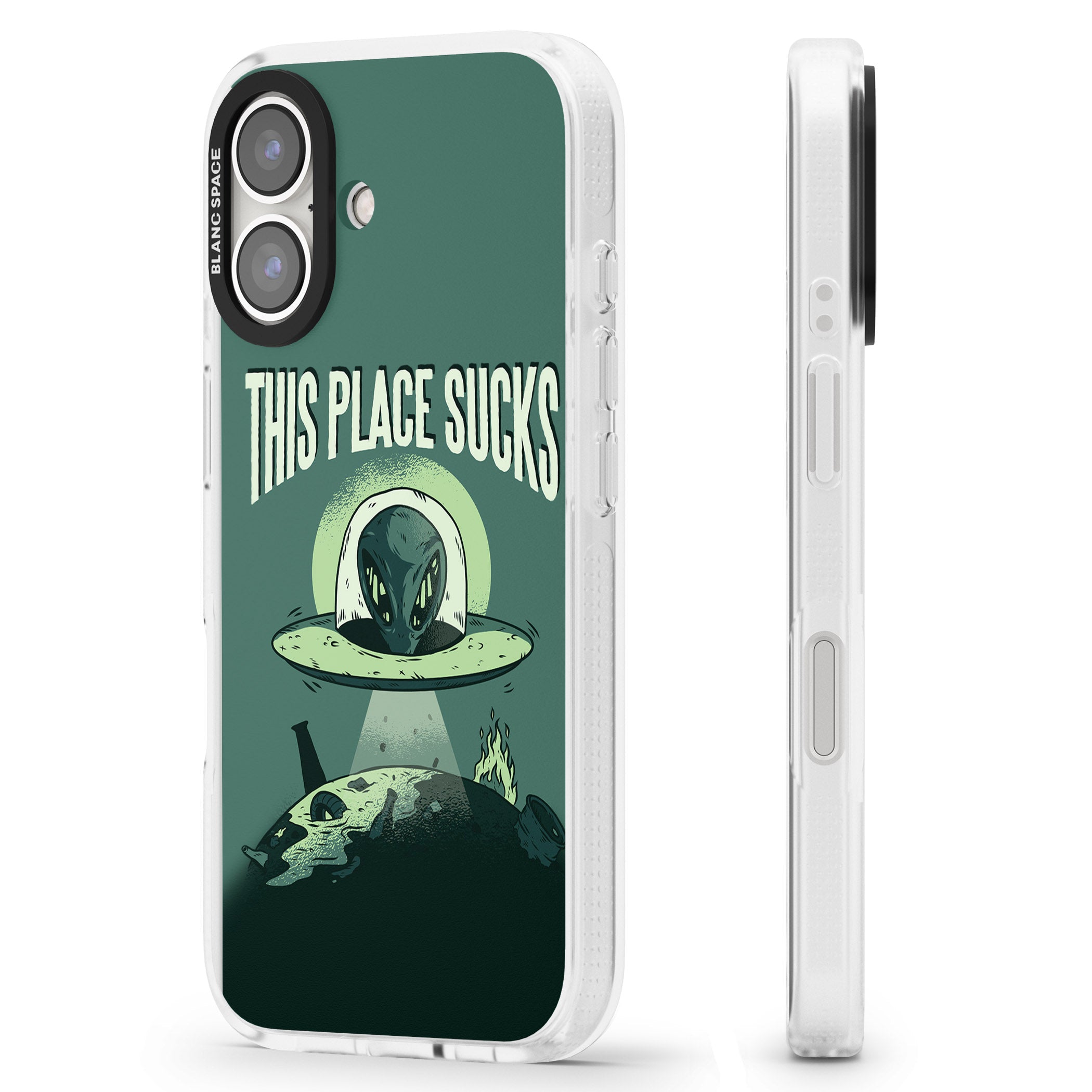 EARTH SUCKS iPhone 16 / 16 Plus Clear Case Impact Air - Blanc Space