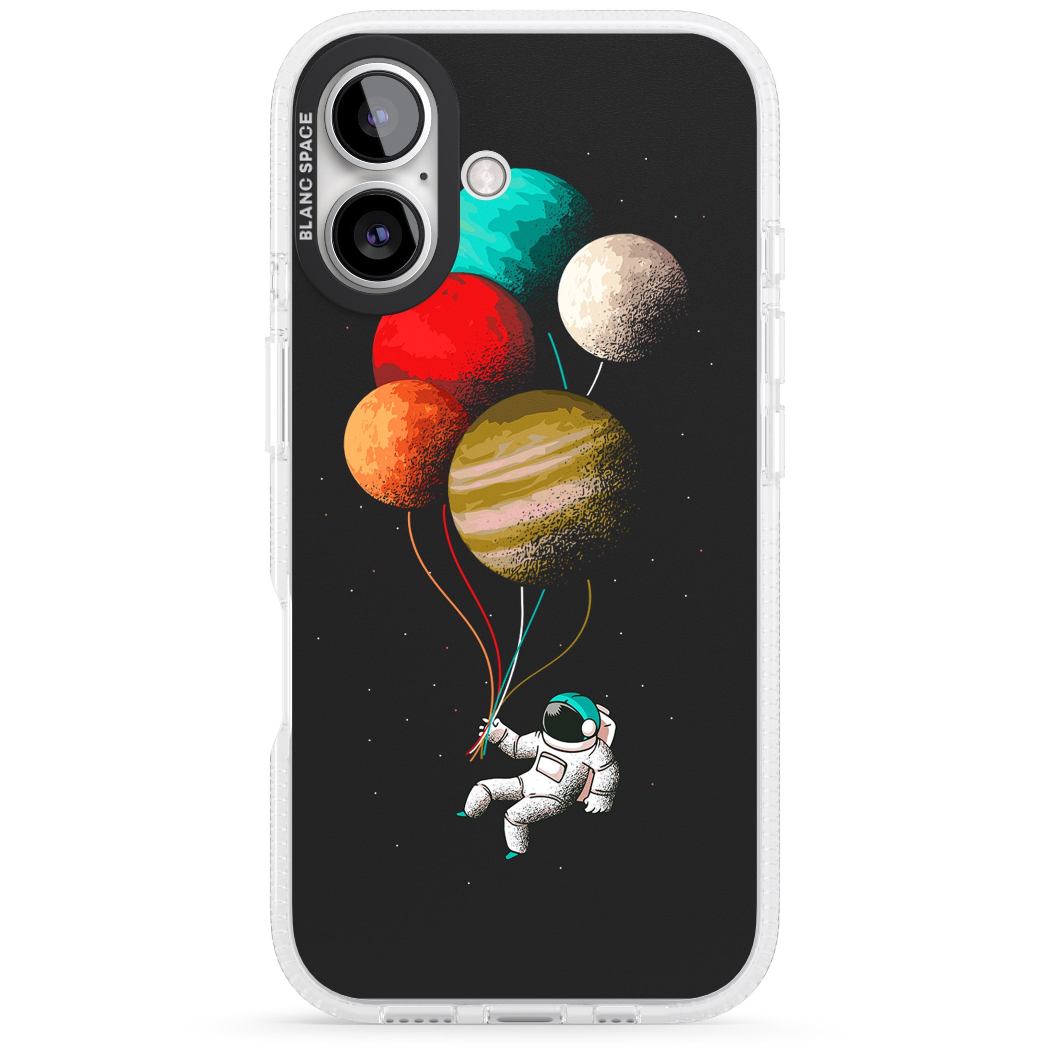 Astronaut Balloon Planets iPhone 16 / 16 Plus Clear Case Impact Air - Blanc Space