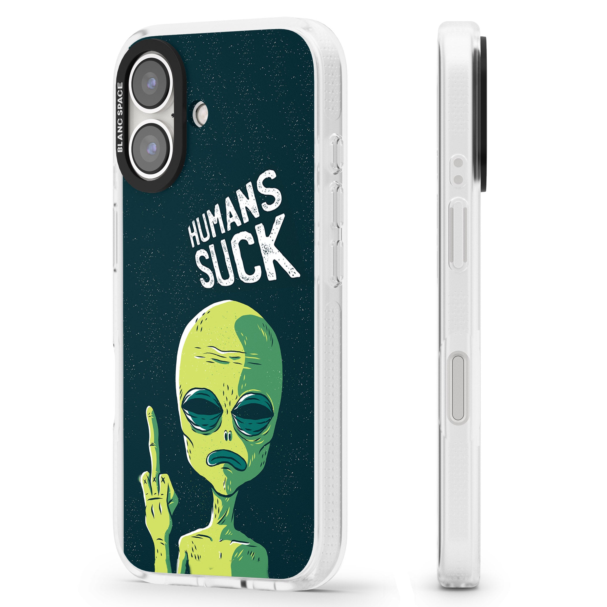 Humans Suck Alien iPhone 16 / 16 Plus Clear Case Impact Air - Blanc Space