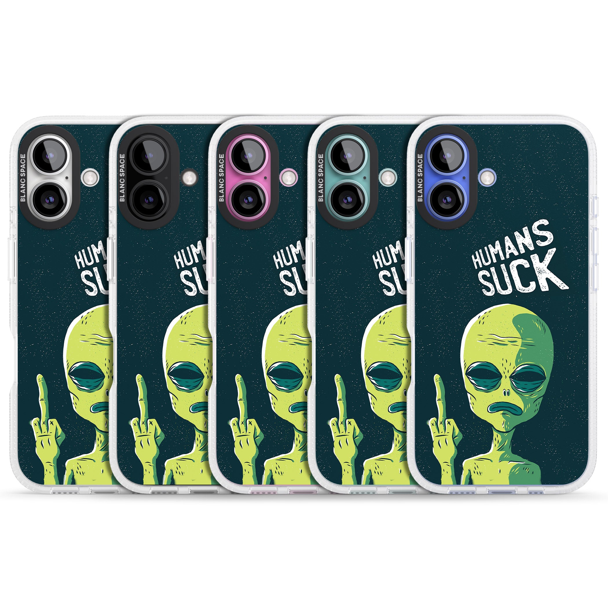 Humans Suck Alien iPhone 16 / 16 Plus Clear Case Impact Air - Blanc Space