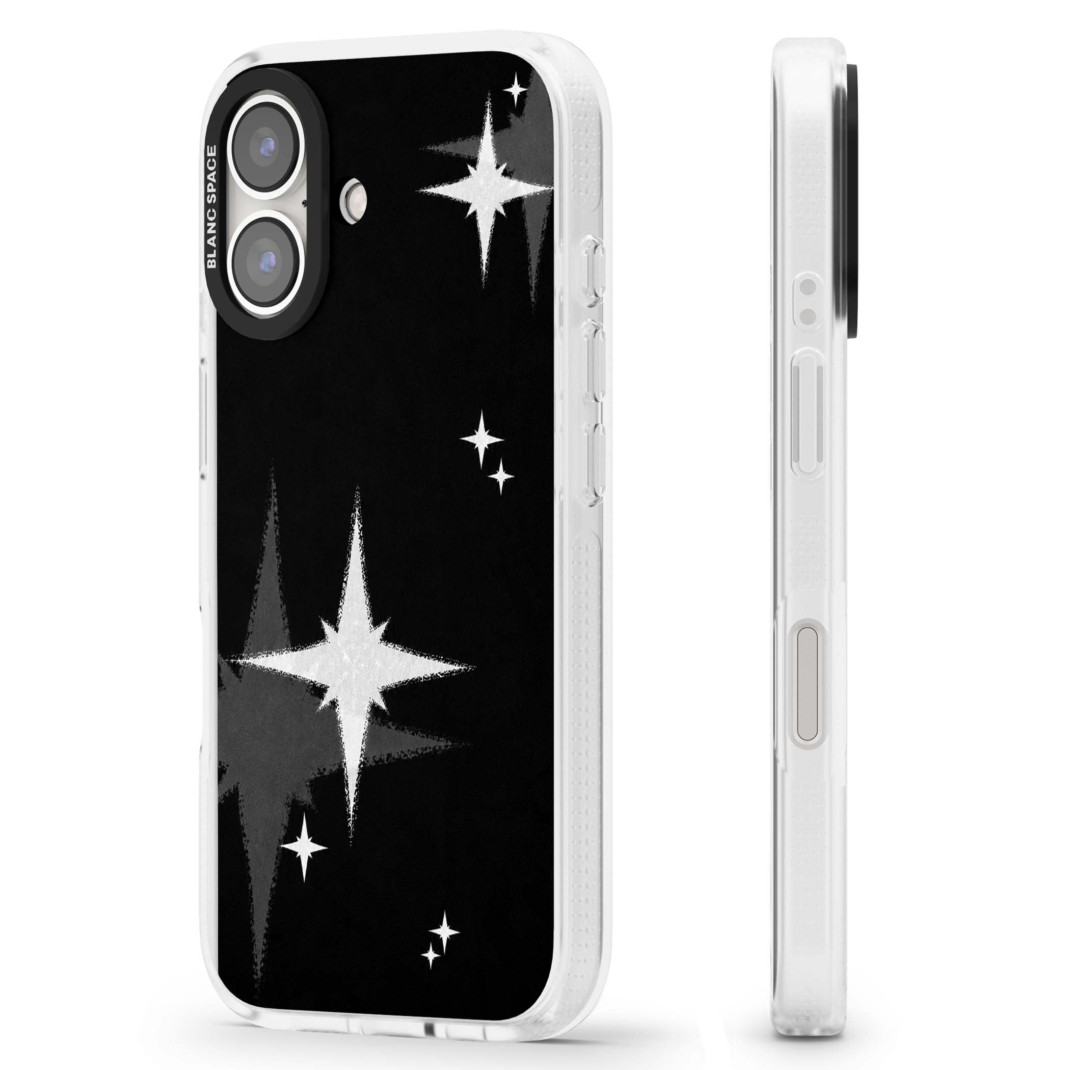 Black Sparkle celestial iPhone case featuring white sparkle stars on a black night sky background | Clear Case Impact Air case for iPhone 16, iPhone 16 Plus