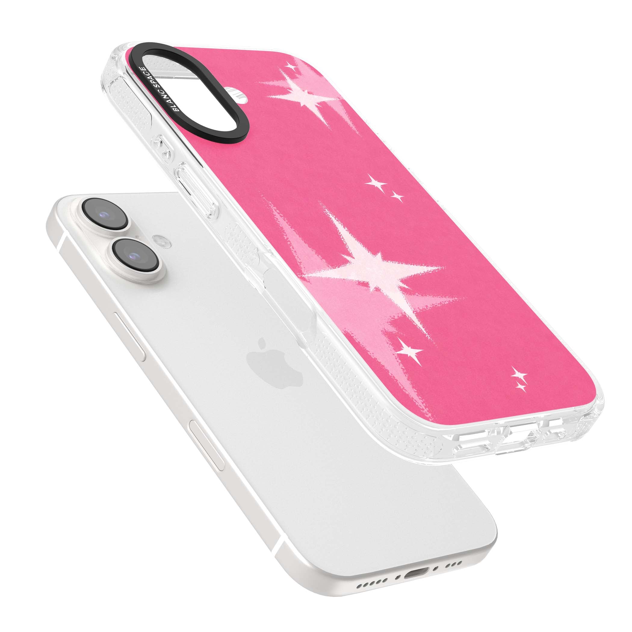 Pink Sparkle Y2K iPhone case featuring hot pink background with shimmering white starburst pattern | Clear Case Impact Air case for iPhone 16, iPhone 16 Plus