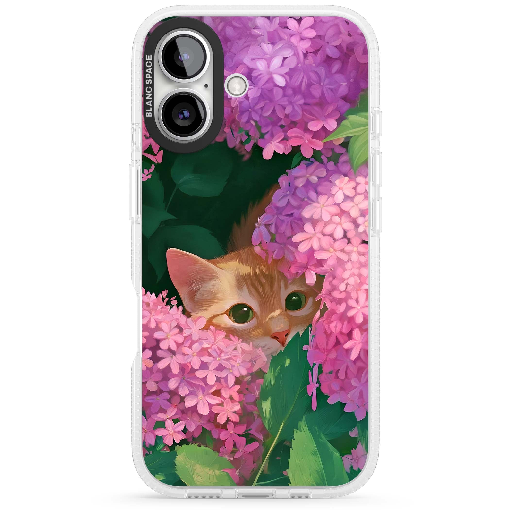 Cat In Pink Flowers cottagecore iPhone case featuring a ginger kitten peeking through lilac and pink hydrangea flo | Clear Case Impact Air case for iPhone 16, iPhone 16 Plus