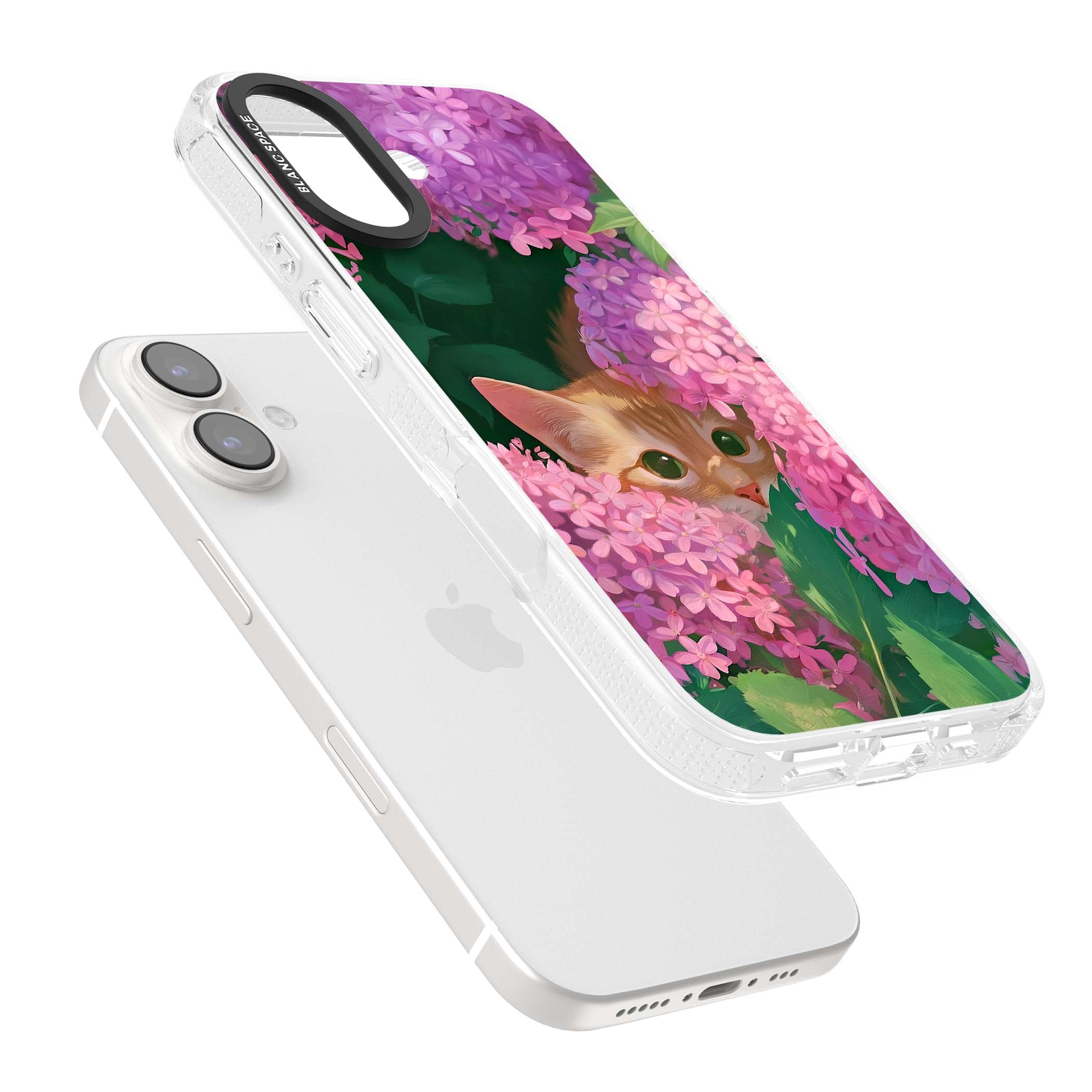 Cat In Pink Flowers cottagecore iPhone case featuring a ginger kitten peeking through lilac and pink hydrangea flo | Clear Case Impact Air case for iPhone 16, iPhone 16 Plus