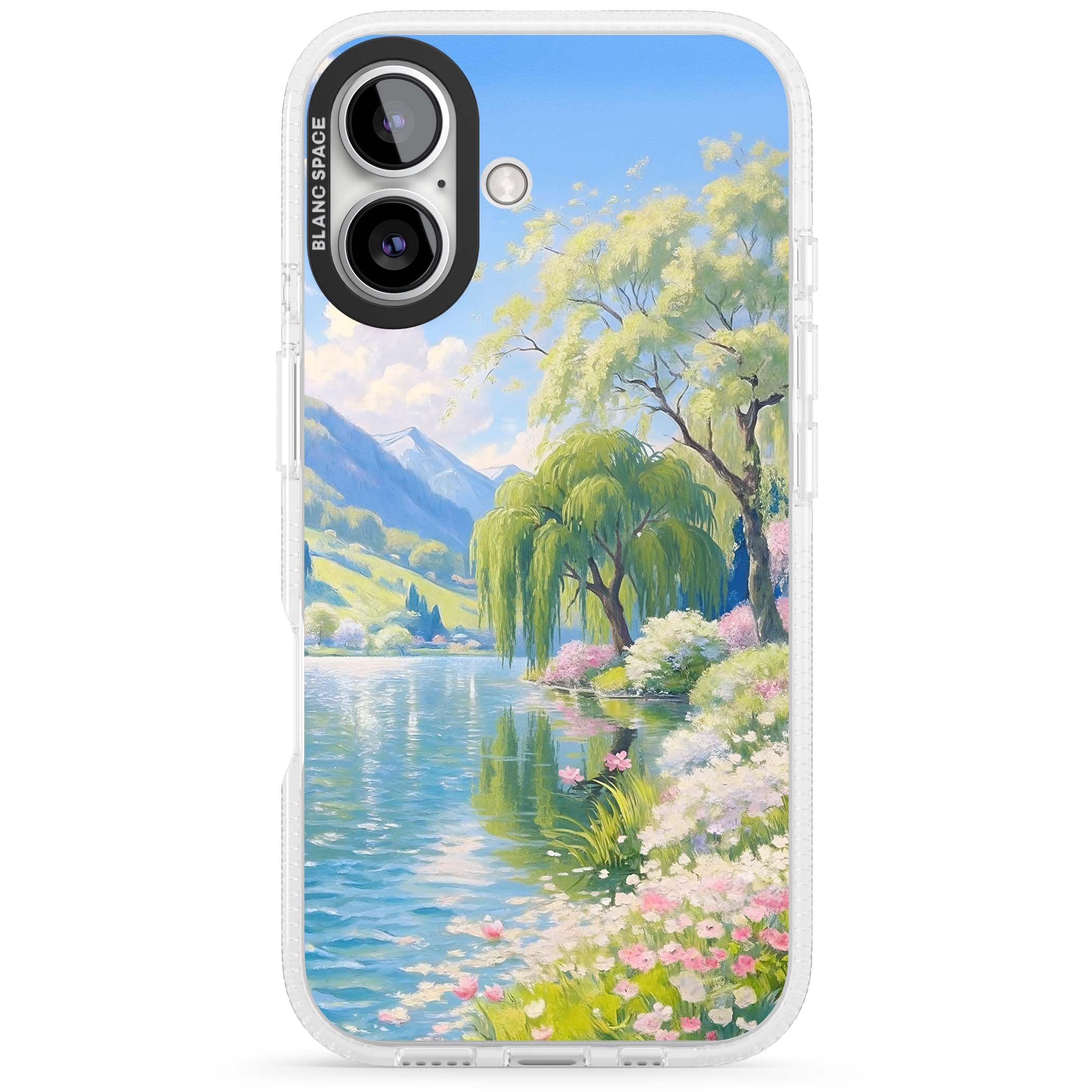 Willow Lake cottagecore iPhone case featuring a painted lakeside with weeping willow, blossoms and distant mountains | Clear Case Impact Air case for iPhone 16, iPhone 16 Plus