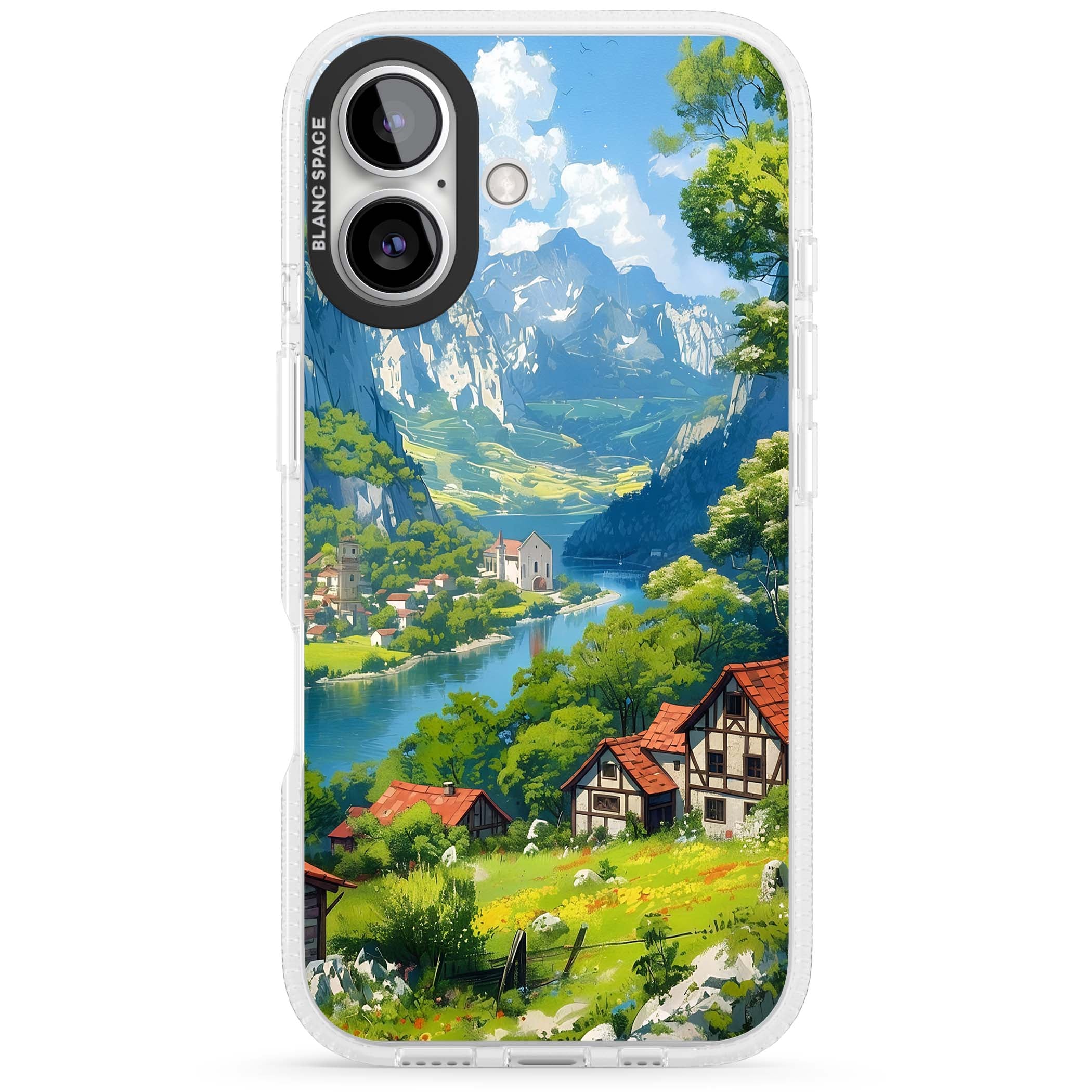 Village In The Valley anime iPhone case featuring a painted mountain village, river valley and half-timbered cottages. | Clear Case Impact Air case for iPhone 16, iPhone 16 Plus