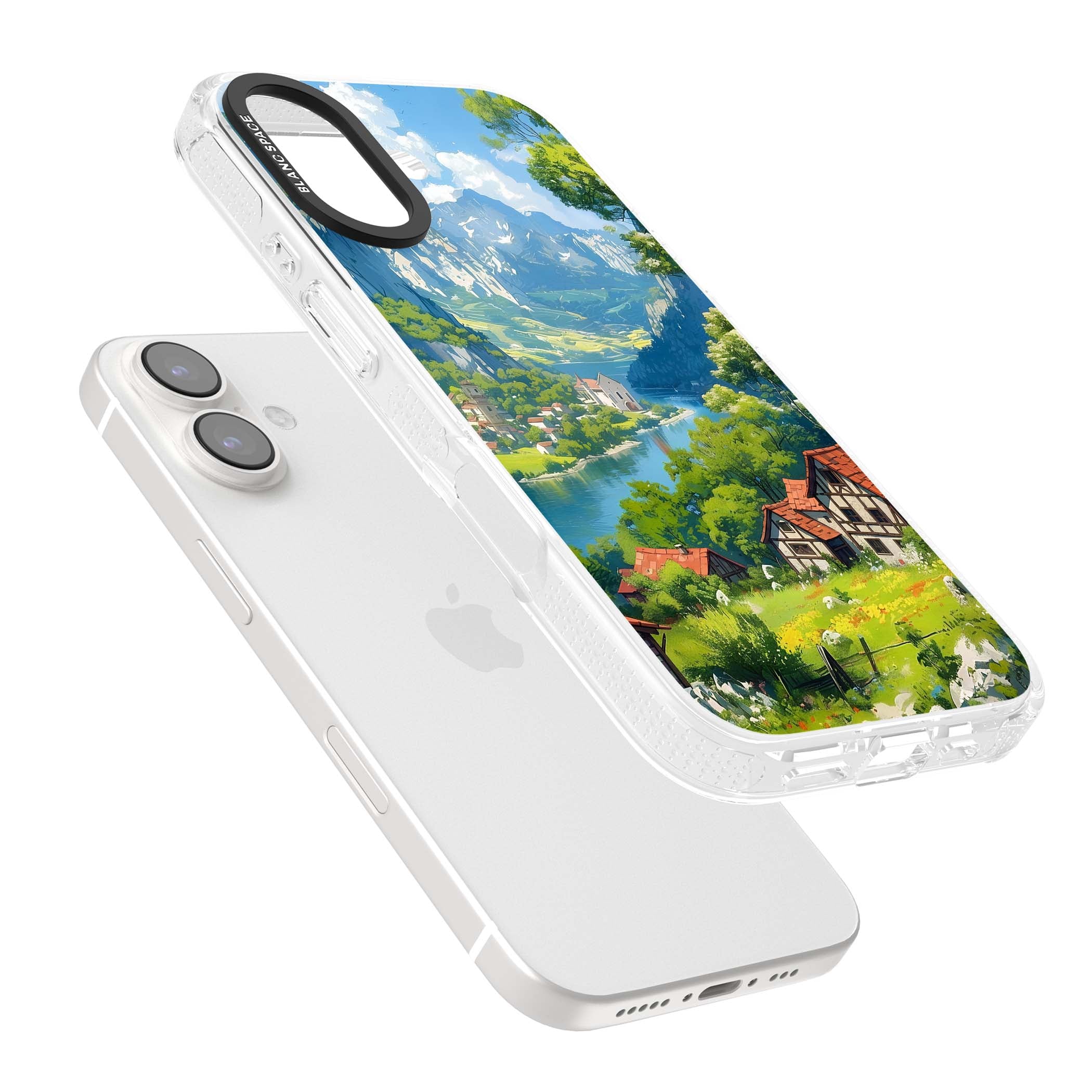Village In The Valley anime iPhone case featuring a painted mountain village, river valley and half-timbered cottages. | Clear Case Impact Air case for iPhone 16, iPhone 16 Plus
