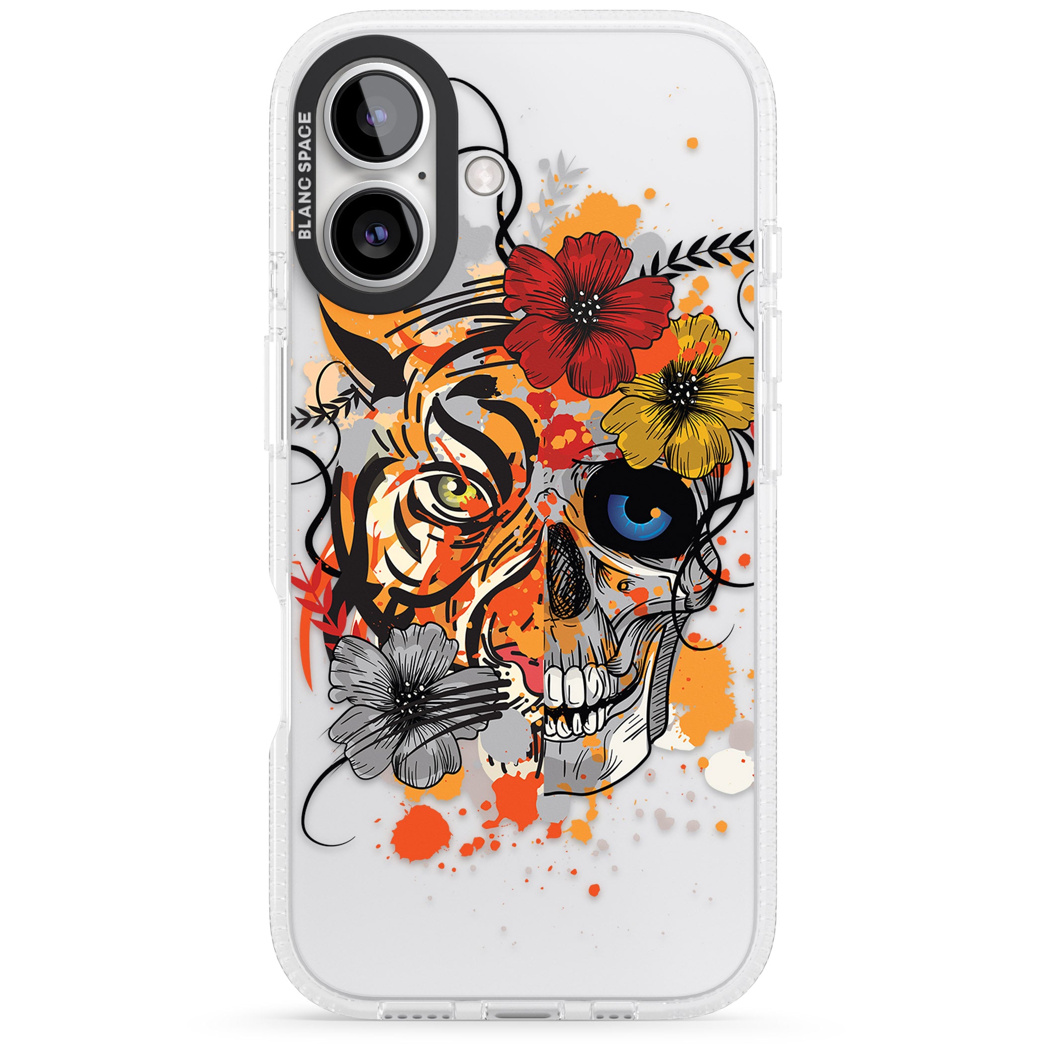 Sugar Skull Tiger Floral iPhone 16 / 16 Plus Clear Case Impact Air - Blanc Space
