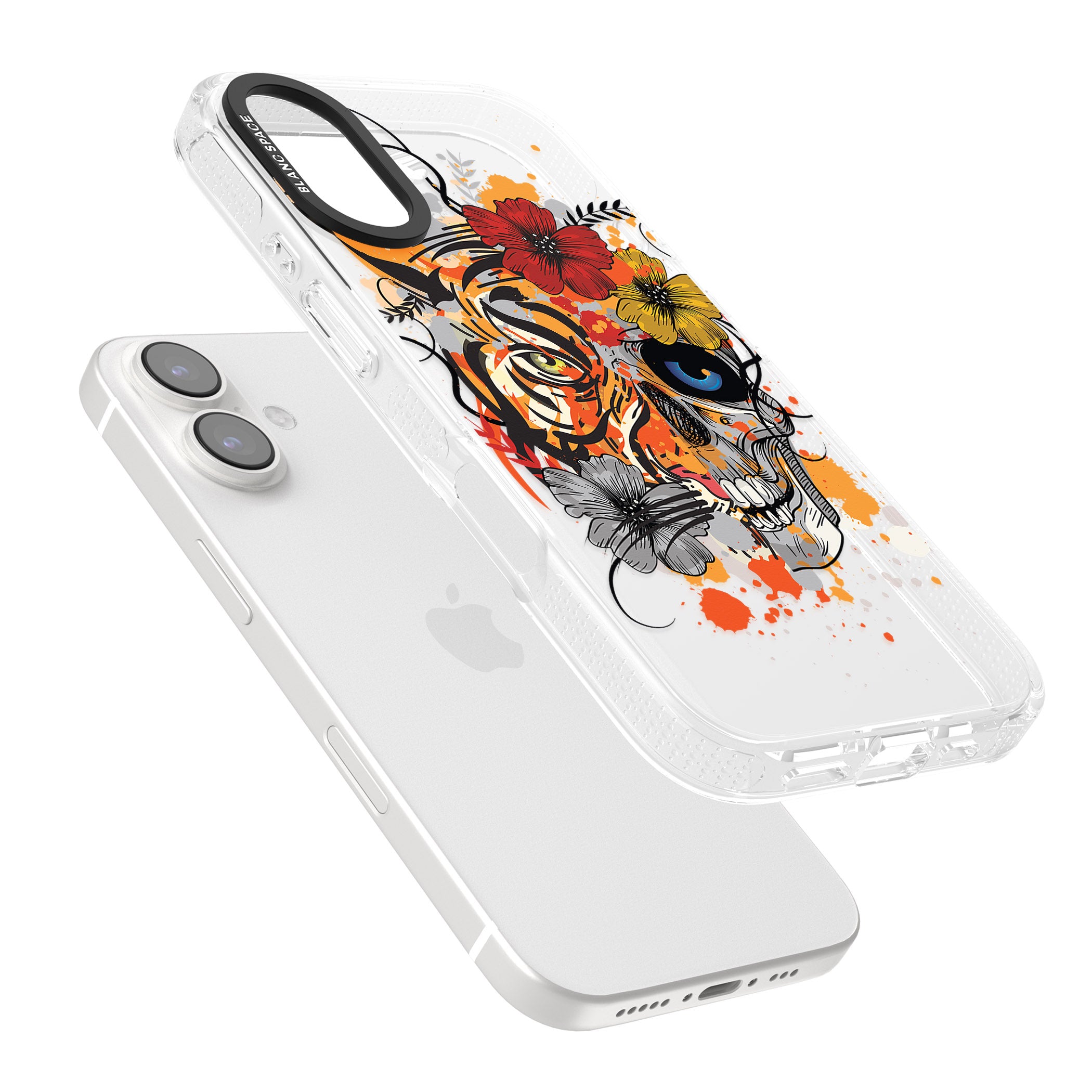 Sugar Skull Tiger Floral iPhone 16 / 16 Plus Clear Case Impact Air - Blanc Space