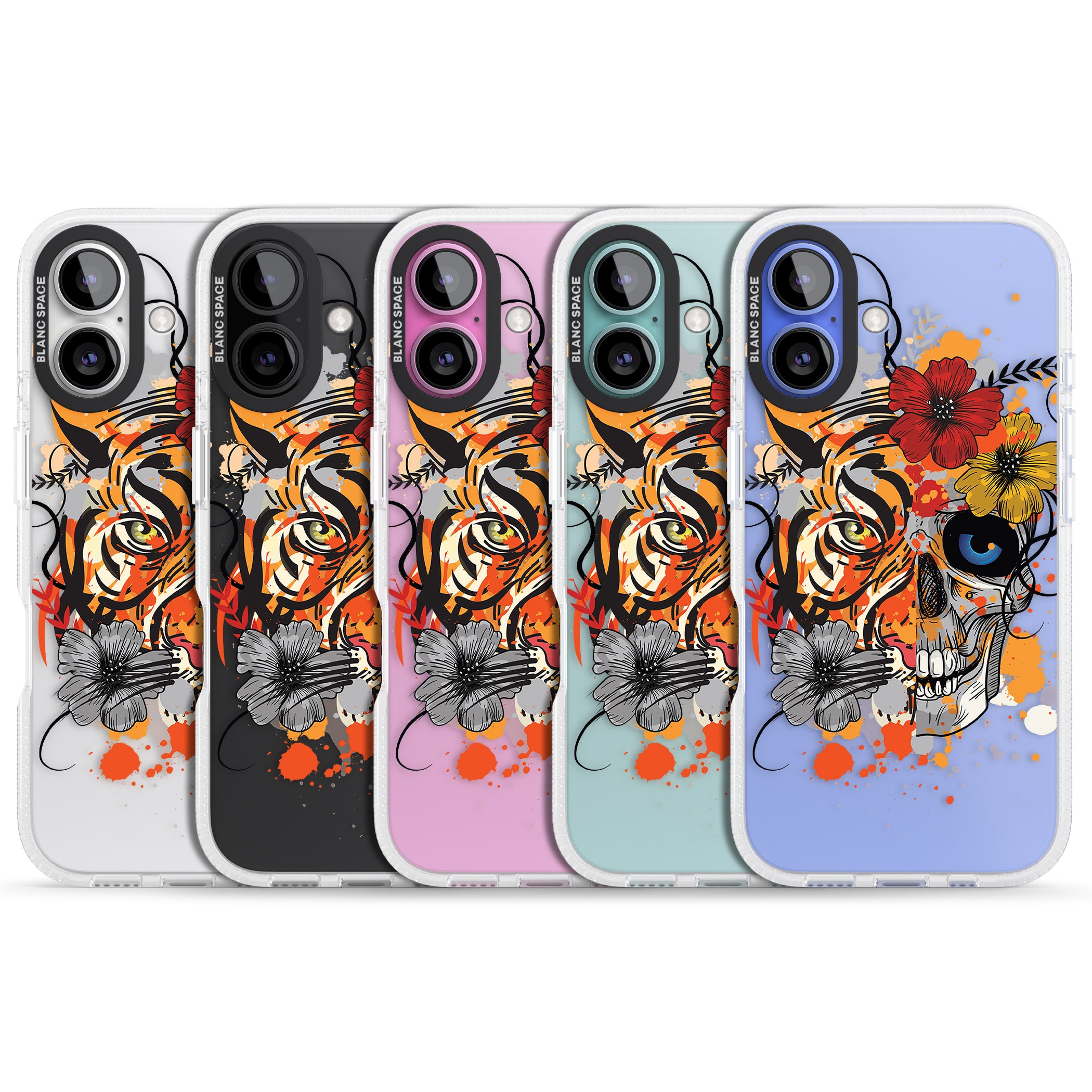 Sugar Skull Tiger Floral iPhone 16 / 16 Plus Clear Case Impact Air - Blanc Space