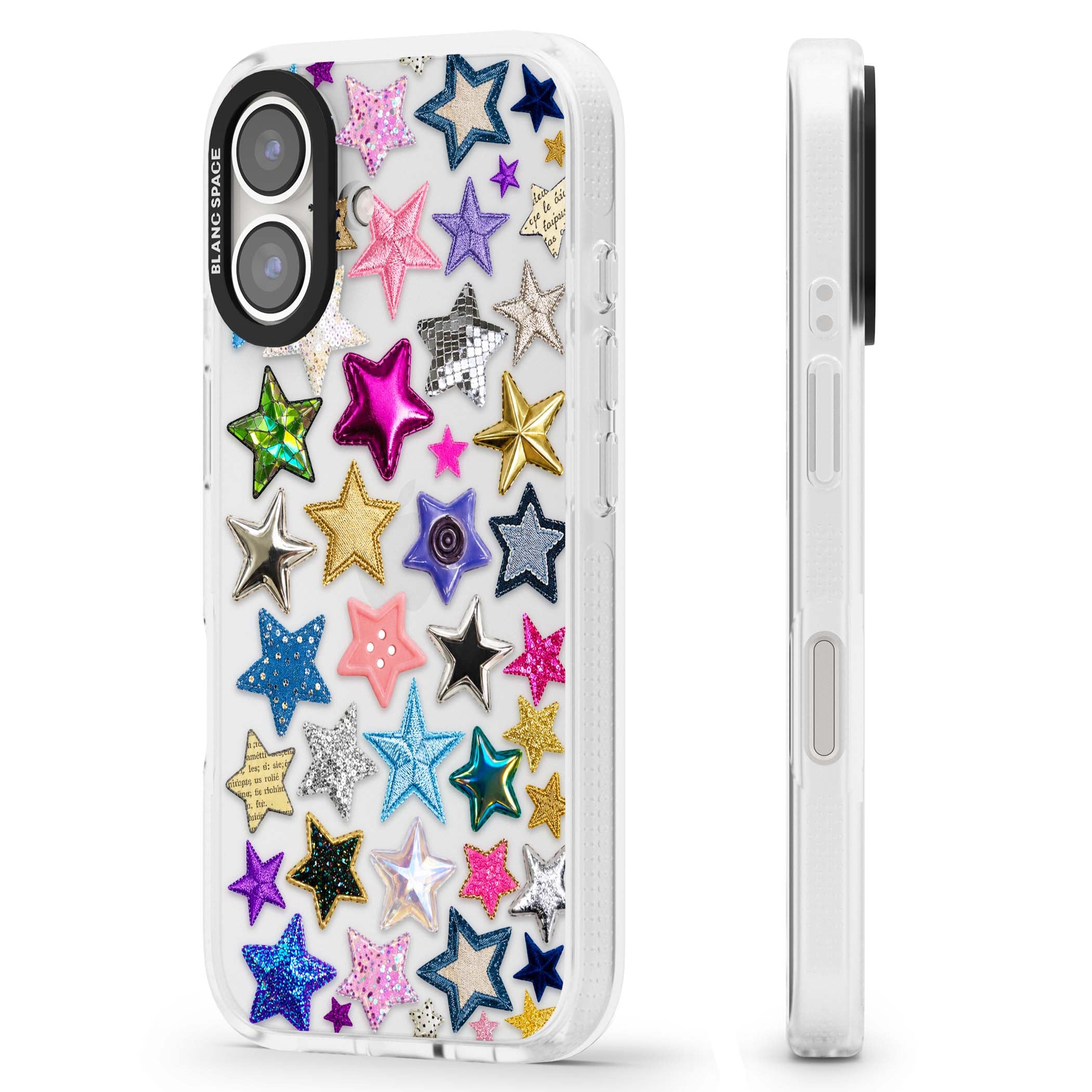Crafty Star Mix Y2K iPhone case featuring embroidered, sequinned and glitter star patches in rainbow colours | Clear Case Impact Air case for iPhone 16, iPhone 16 Plus
