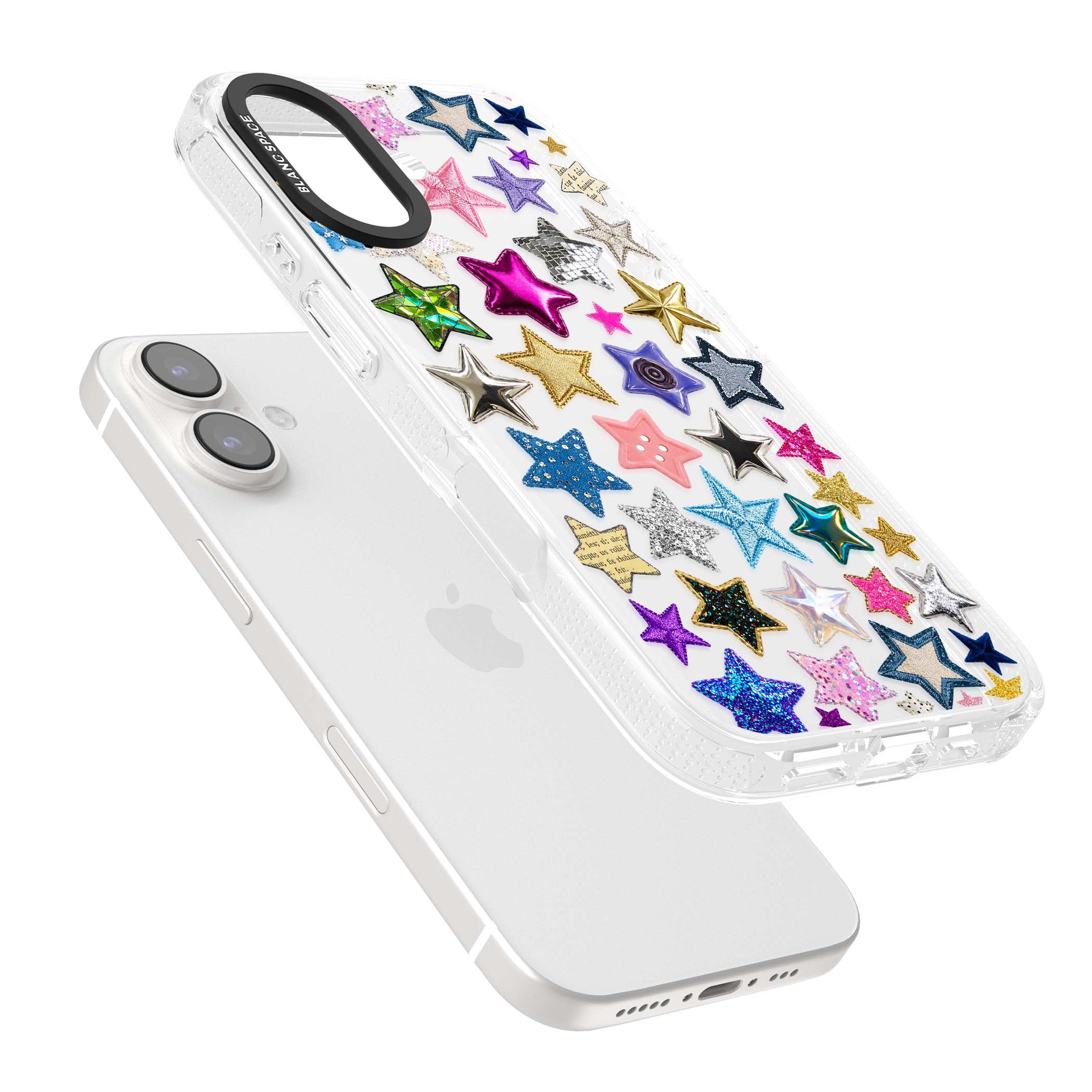 Crafty Star Mix Y2K iPhone case featuring embroidered, sequinned and glitter star patches in rainbow colours | Clear Case Impact Air case for iPhone 16, iPhone 16 Plus