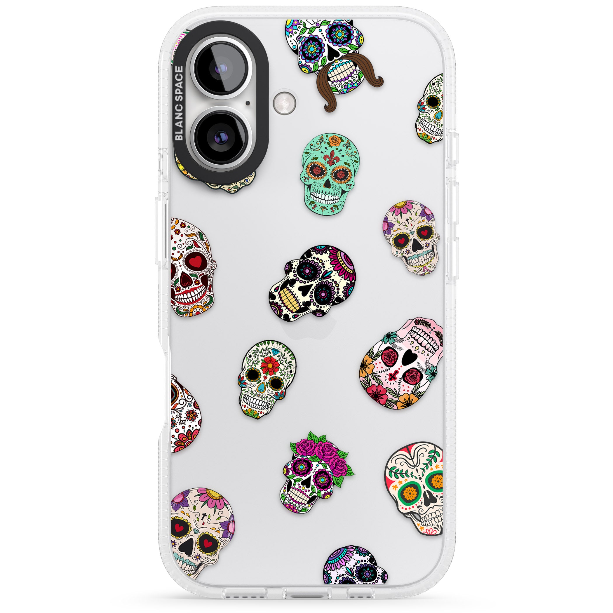 Mixed Sugar Skull Pattern iPhone 16 / 16 Plus Clear Case Impact Air - Blanc Space