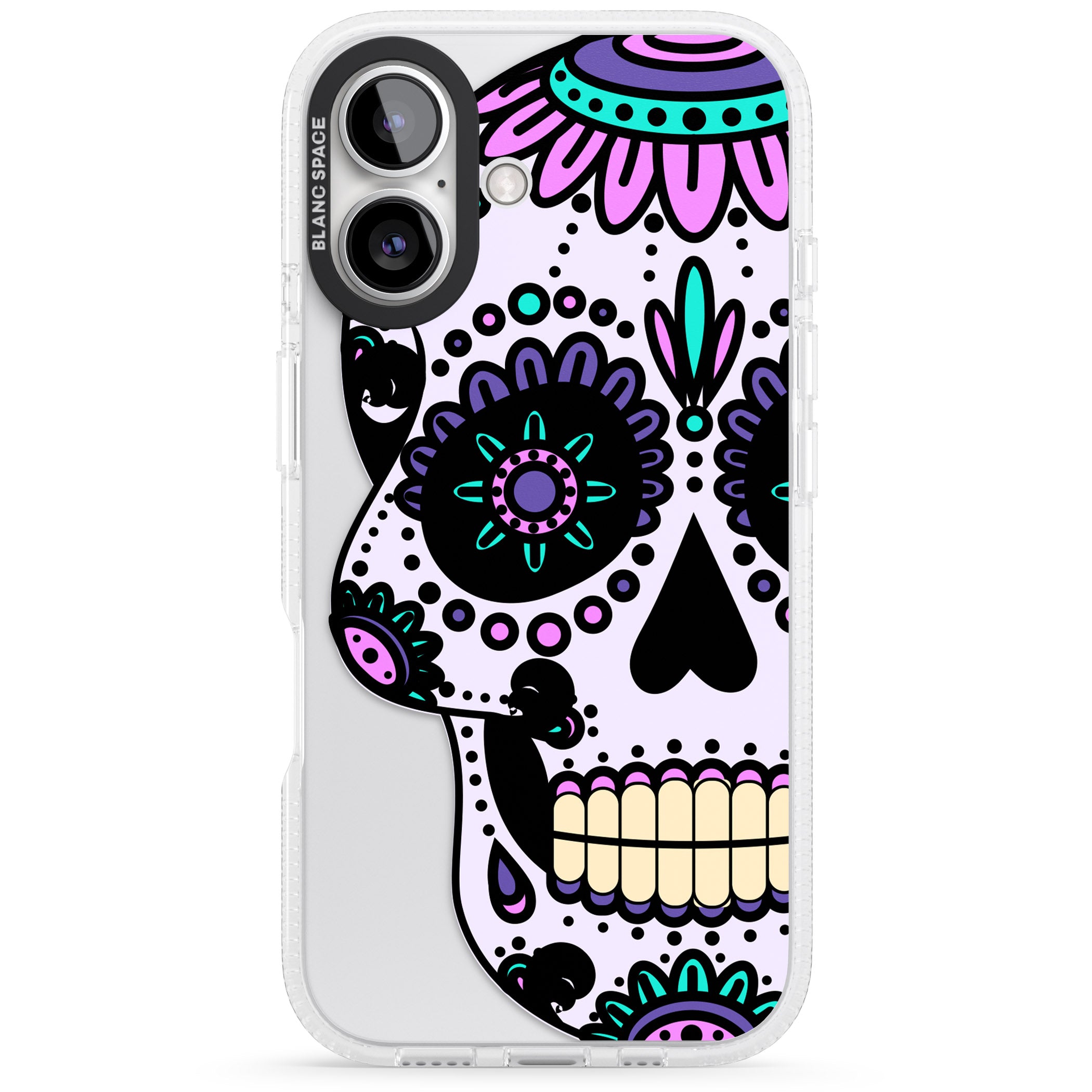 Violet Sugar Skull iPhone 16 / 16 Plus Clear Case Impact Air - Blanc Space