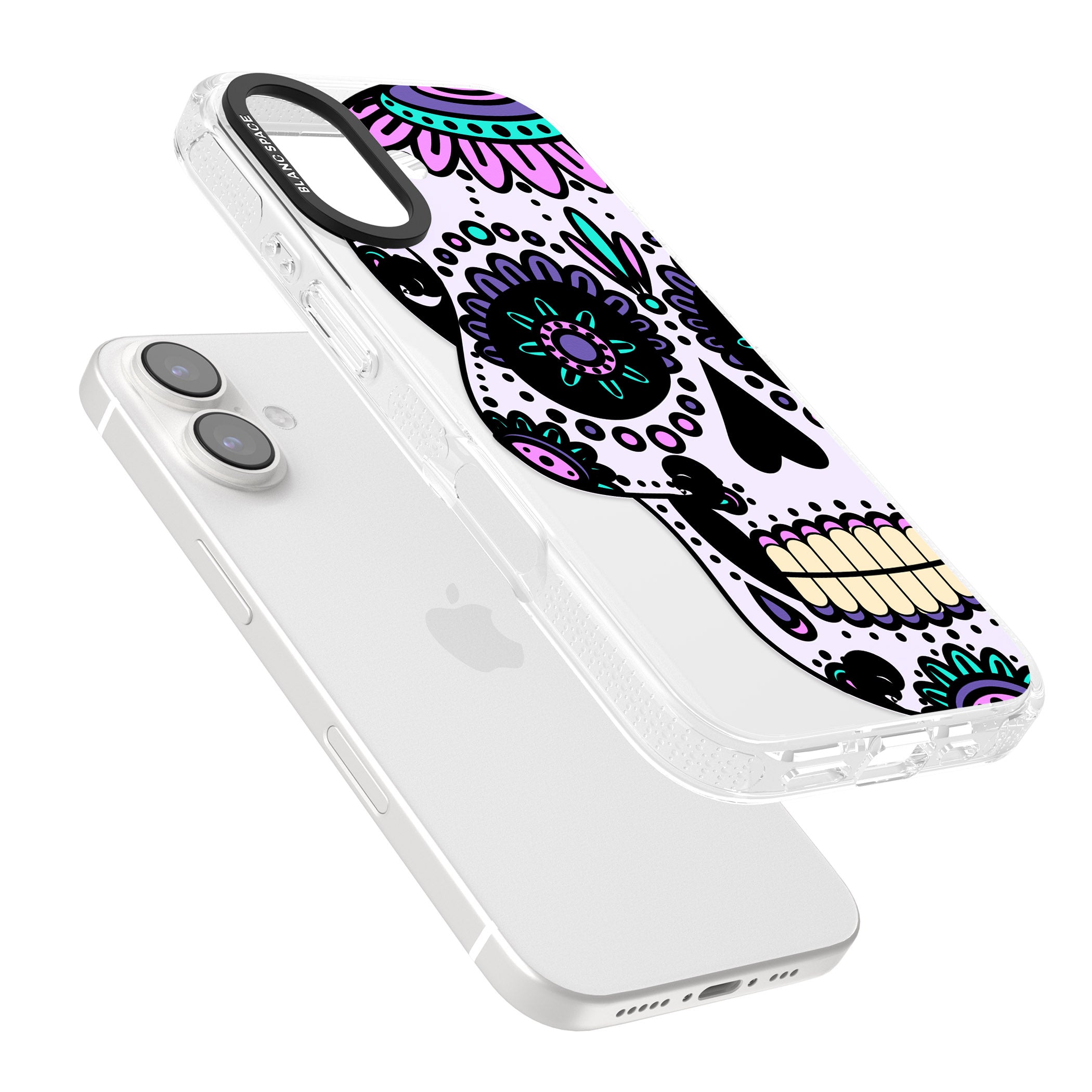 Violet Sugar Skull iPhone 16 / 16 Plus Clear Case Impact Air - Blanc Space