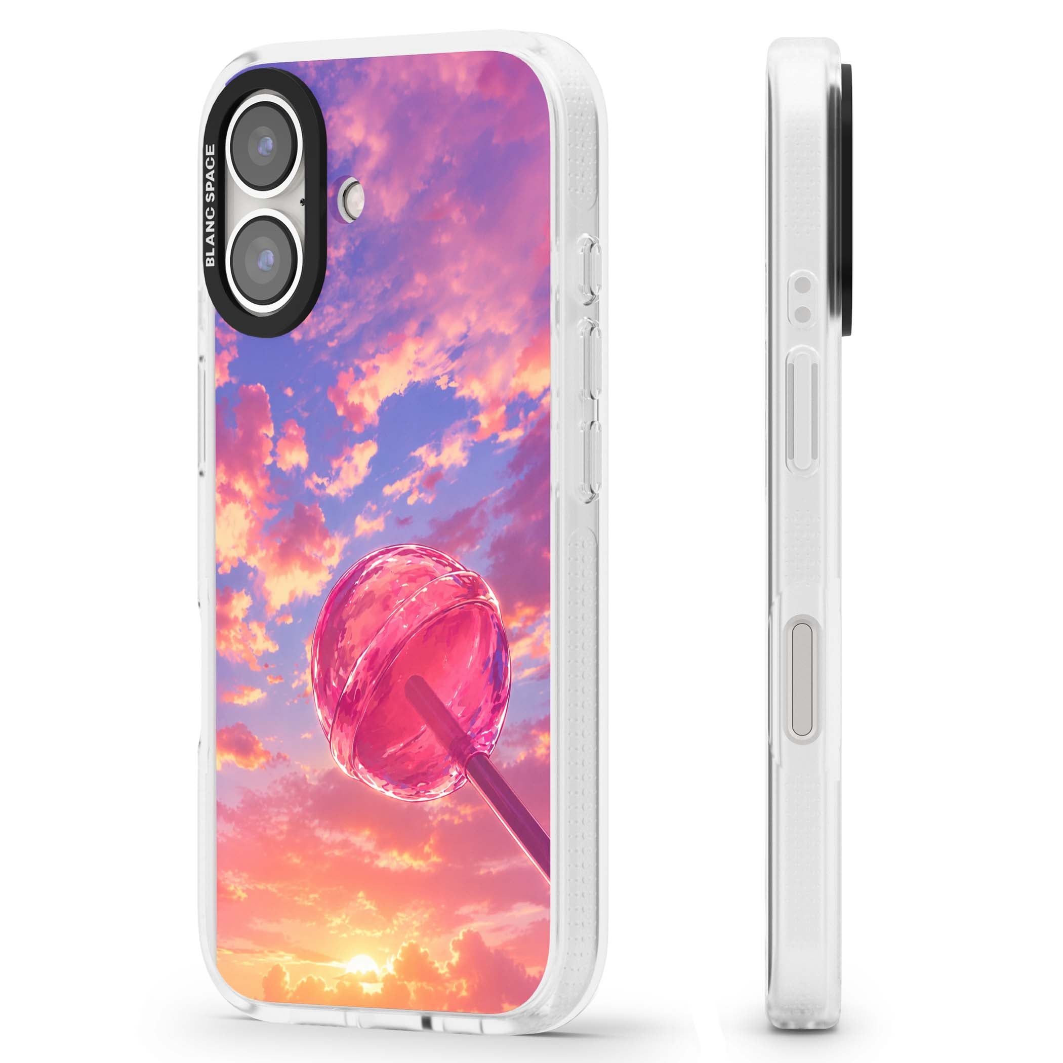 Sugar Sunset candy aesthetic iPhone case featuring a pink lollipop, pastel sunset sky and dreamy clouds | Clear Case Impact Air case for iPhone 16, iPhone 16 Plus