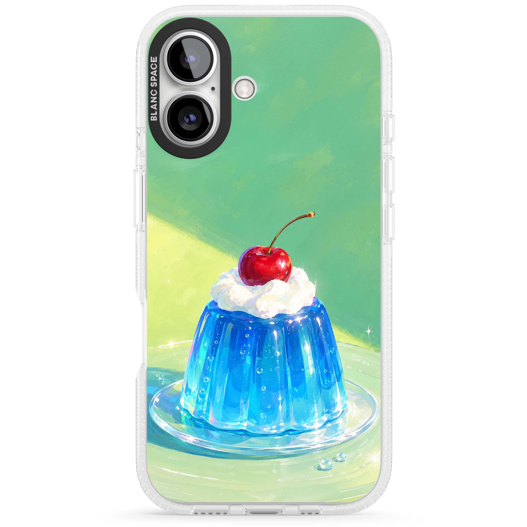 Cherry Jelly kawaii dessert iPhone case featuring blue jelly pudding, whipped cream and a red cherry | Clear Case Impact Air case for iPhone 16, iPhone 16 Plus